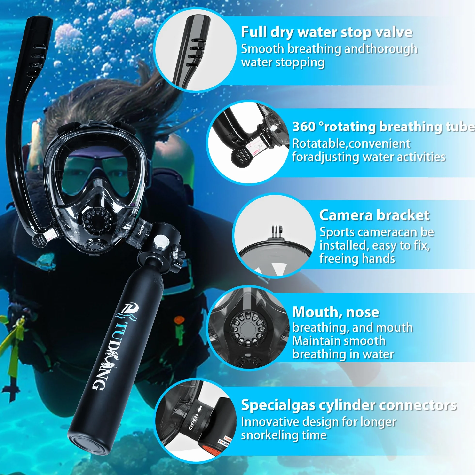 TUDIVING-Zestaw butli do nurkowania 0,5 l, miniaturowa butla tlenowa z maską do nurkowania z pełną twarzą, przenośny zestaw podróżny do nurkowania podwodnego, trening oddychania