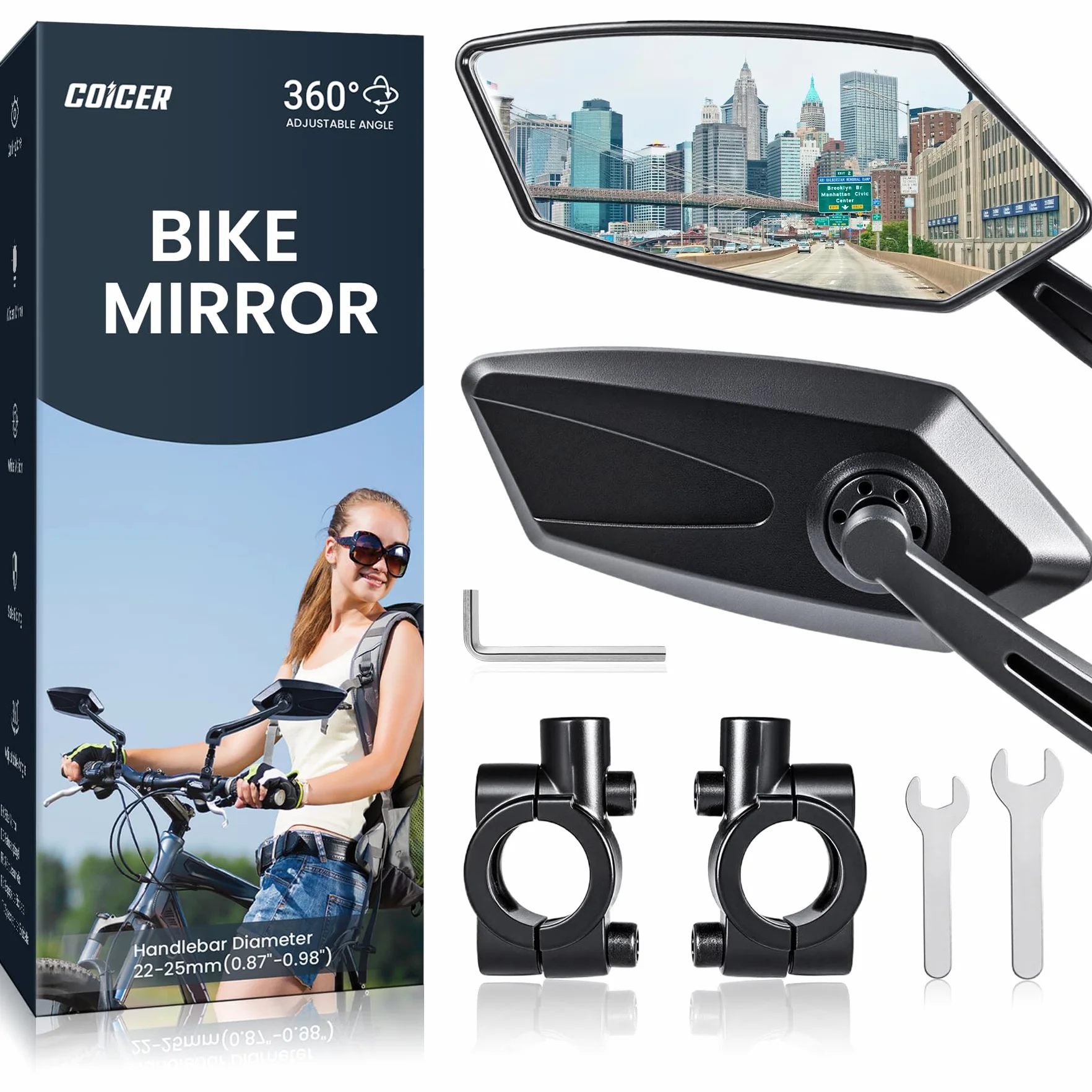 Lusterko rowerowe do roweru elektrycznego, składane i obracane o 360°, lusterko wsteczne, do rowerów elektrycznych, z dużą powierzchnią lustra, odporne na uderzenia prawdziwe szkło, akcesoria rowerowe