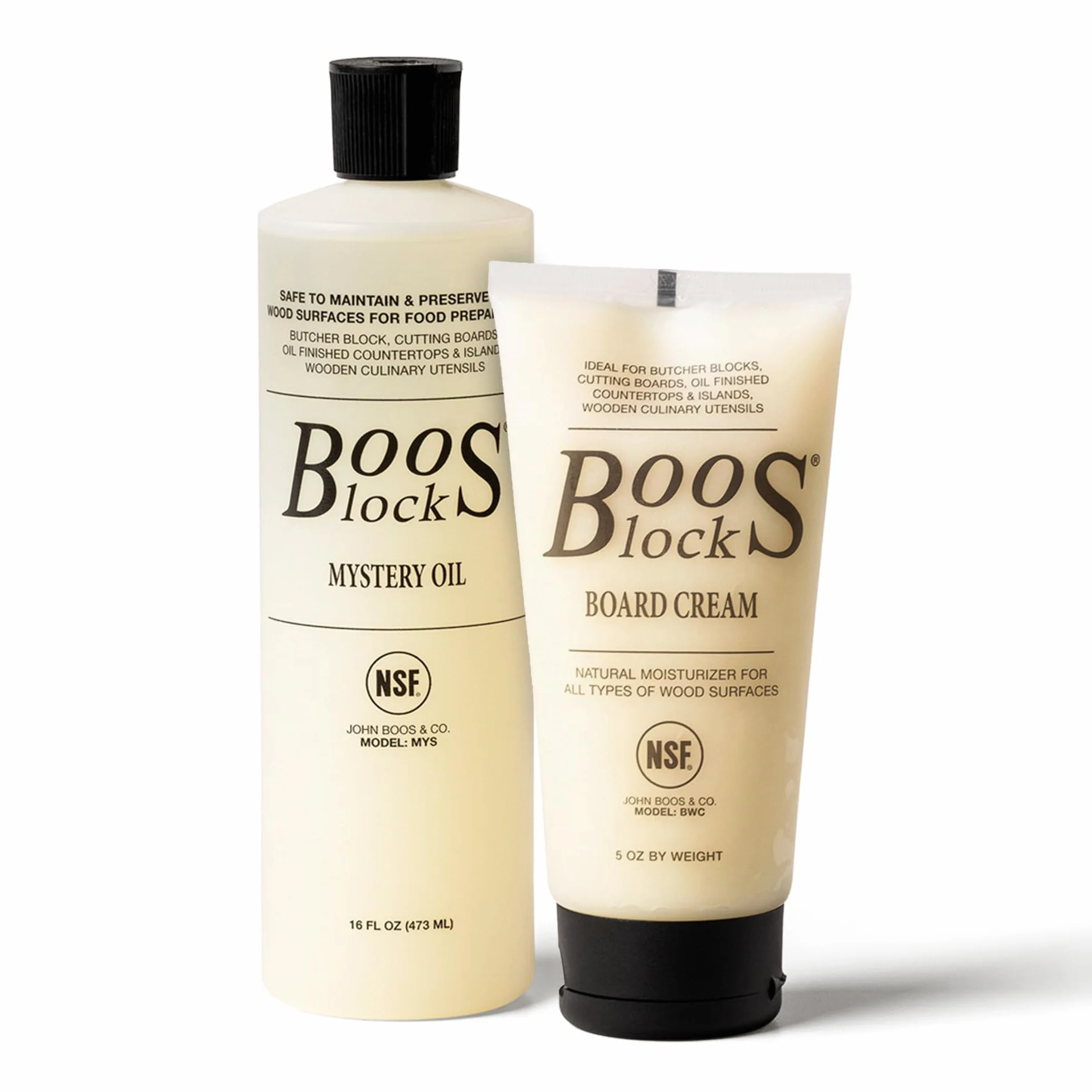 Boos Block s® MYSCRM Mystery Oil olejek pielęgnacyjny i krem do pielęgnacji Board Cream firmy John Boos, butelka 473 ml Mystery Oil (olej do drewna) i 148 ml krem do drewna z woskiem pszczelimm)