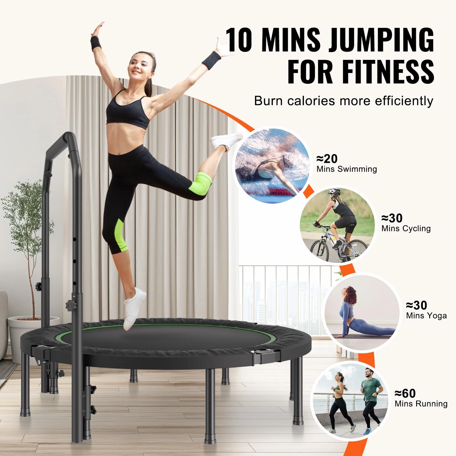 VEVOR Mini składana trampolina fitness 1320 mm maksymalne obciążenie 205 kg z regulowanym uchwytem