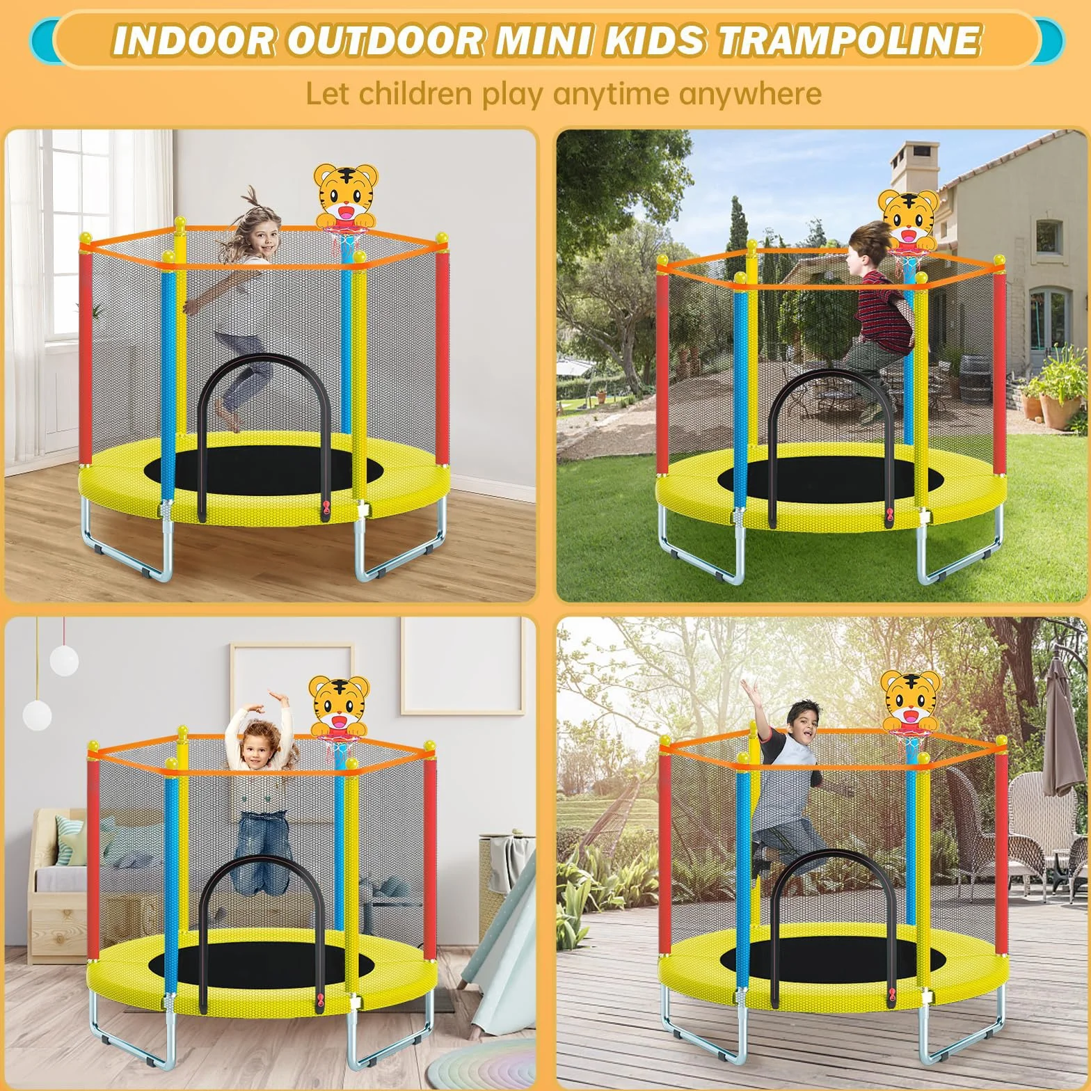 Trampolina dziecięca 150 cm, do użytku wewnątrz i na zewnątrz, z siatką zabezpieczającą, mini trampolina dla dzieci łącznie z koszem do koszykówki, wytrzymała mata do skakania, dla chłopców i