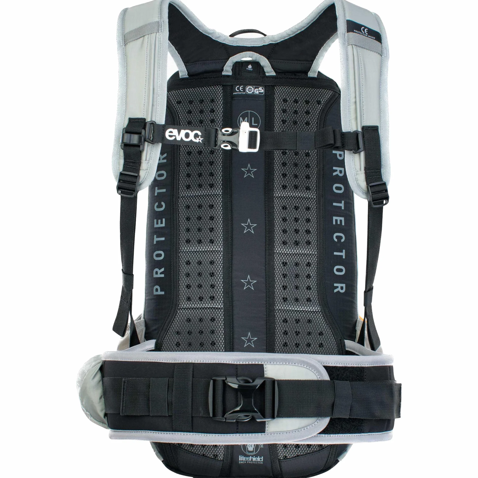 Plecak rowerowy EVOC FR ENDURO 16, plecak na wycieczki rowerowe (LITESHIELD BACK PROTECTOR 95%, uchwyt na kask, ochraniacze, komora na narzędzia, komora na bukłak 3l, rozmiar: M/L), kamienno-szary