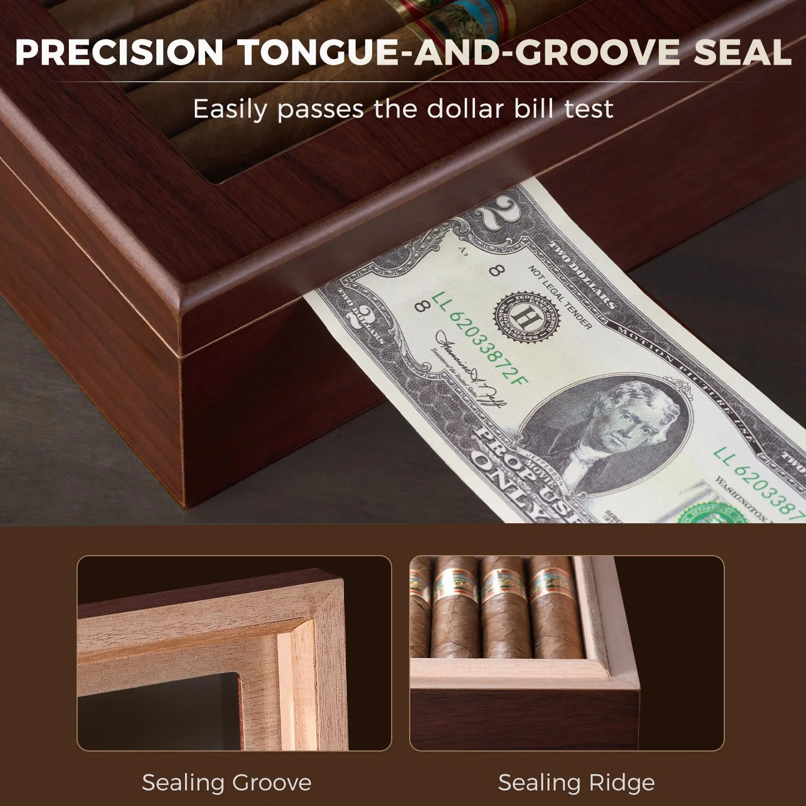 ProCase Humidor do cygar z drewna, z nawilżaczem powietrza, podszewką z drewna cedrowego, szklanym blatem, cyfrowym higrometrem, duży, brązowy