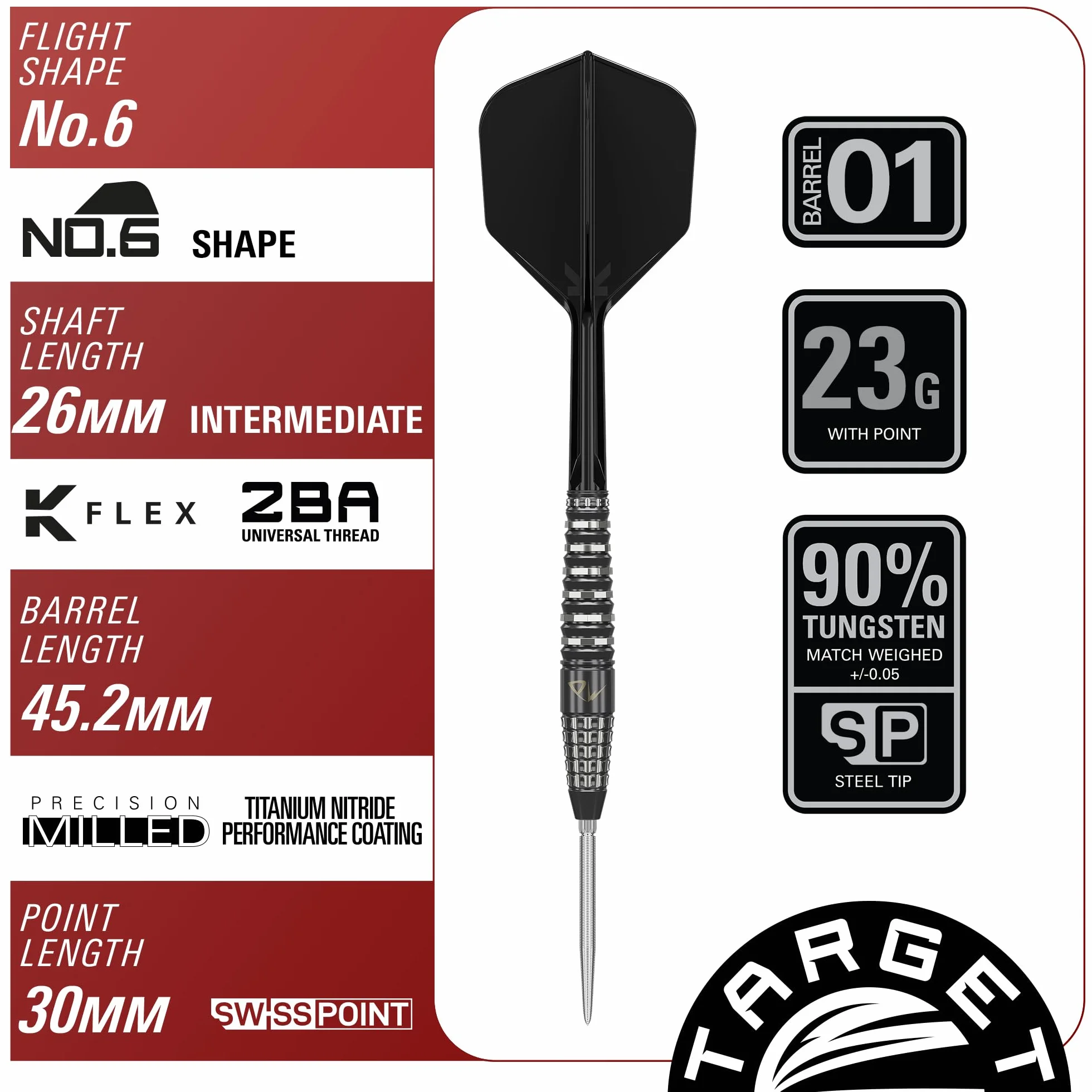 Target Japan Black Marque PW Zestaw rzutek ze stalowymi końcówkami K-Flex Swiss Point 90% wolframu, 23G | KFlex Dart Flight, Swiss Nano Points, czarno-srebrne stalowe końcówki rzutek