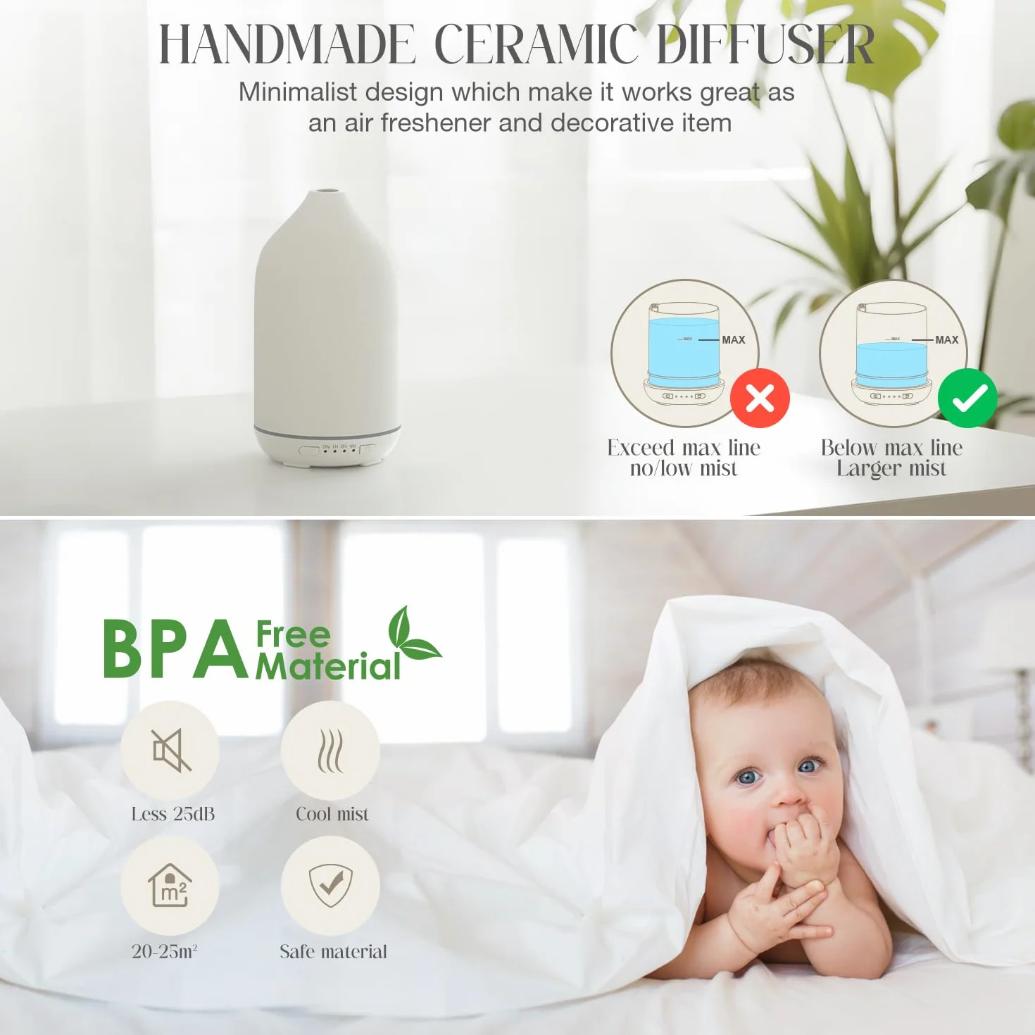 SALKING Dyfuzor zapachowy Ceramiczny dyfuzor do olejków eterycznych - olejek zapachowy Ultradźwiękowy Bez BPA z regulowanym trybem mgiełki, cichy do domu, biura, jogi 200 ml biały