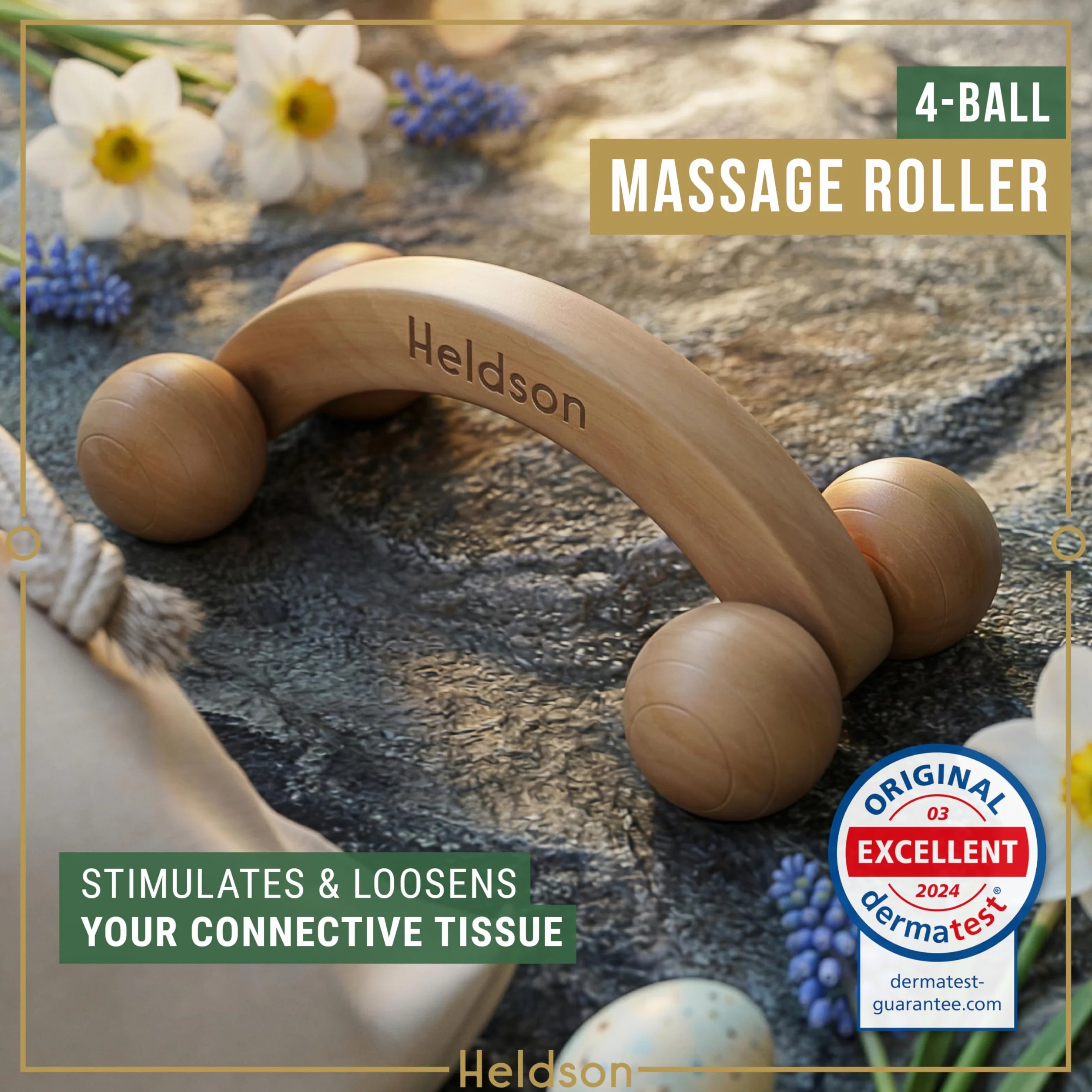 HELDSON® Premium zestaw do masażu drewna [6 części] FSC®100% – różne urządzenia do masażu i wałka do masażu – masaż stóp, masaż głowy, przycisk spustowy – narzędzia do terapii relaksacyjnej –