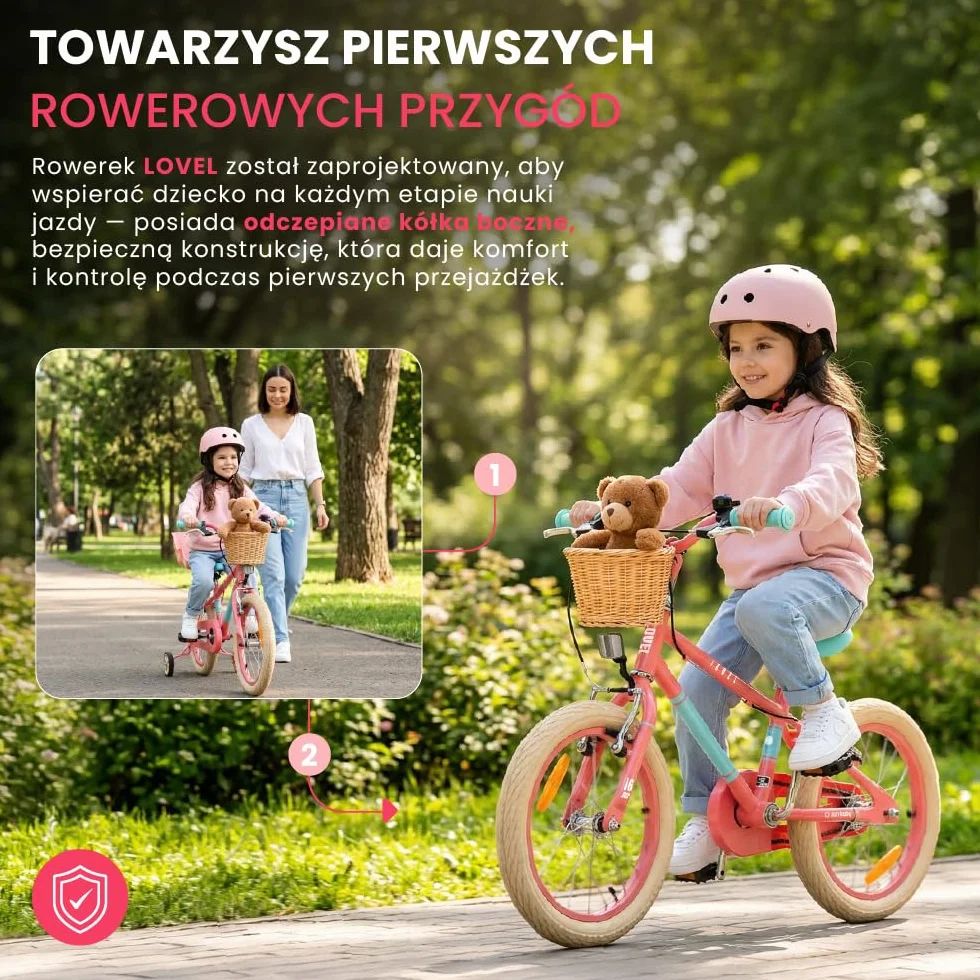 Sun Baby Rower Dziecięcy 14/16 Cali LOVEL, rower dla dziewczynki i chłopca 3-6 Lat, Max 50 kg - kółka boczne, koszyk, dzwonek, osłona łańcucha