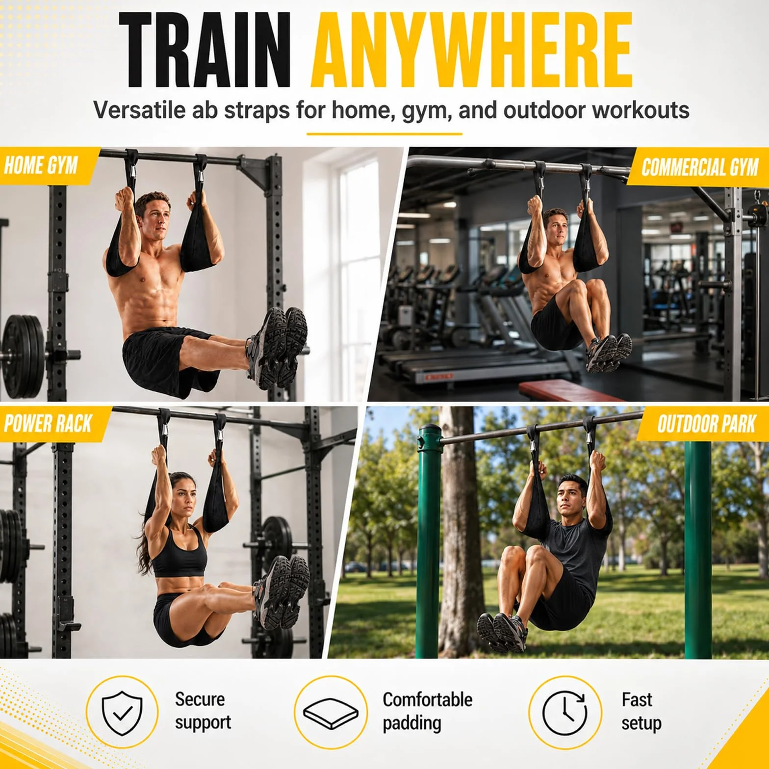 Taeku Szlufki na ramiona do treningu brzucha, 1 para, trwałe Ab Straps Slings drążek do podciągania trener brzucha, fitness do 200 kg, obciążenie do drzwi i drążka gimnastycznego (czarne)