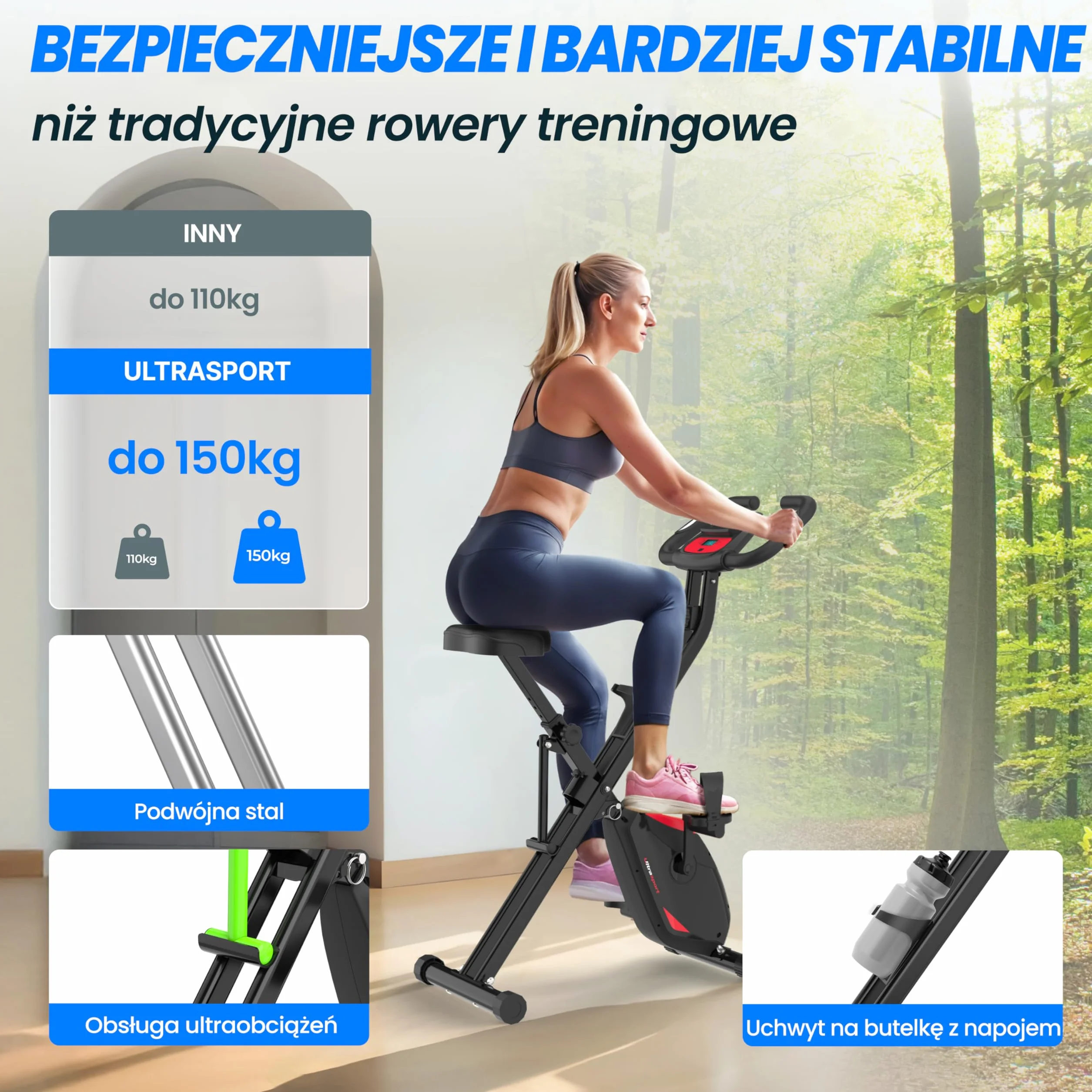 Ultrasport F-Bike Pro Składany Rower Treningowy do 150 KG, z 16 Poziomami, Wygodne Siodełko, Bardzo Cichy I Składany Rower Stacjonarny do Ćwiczeń w Domu