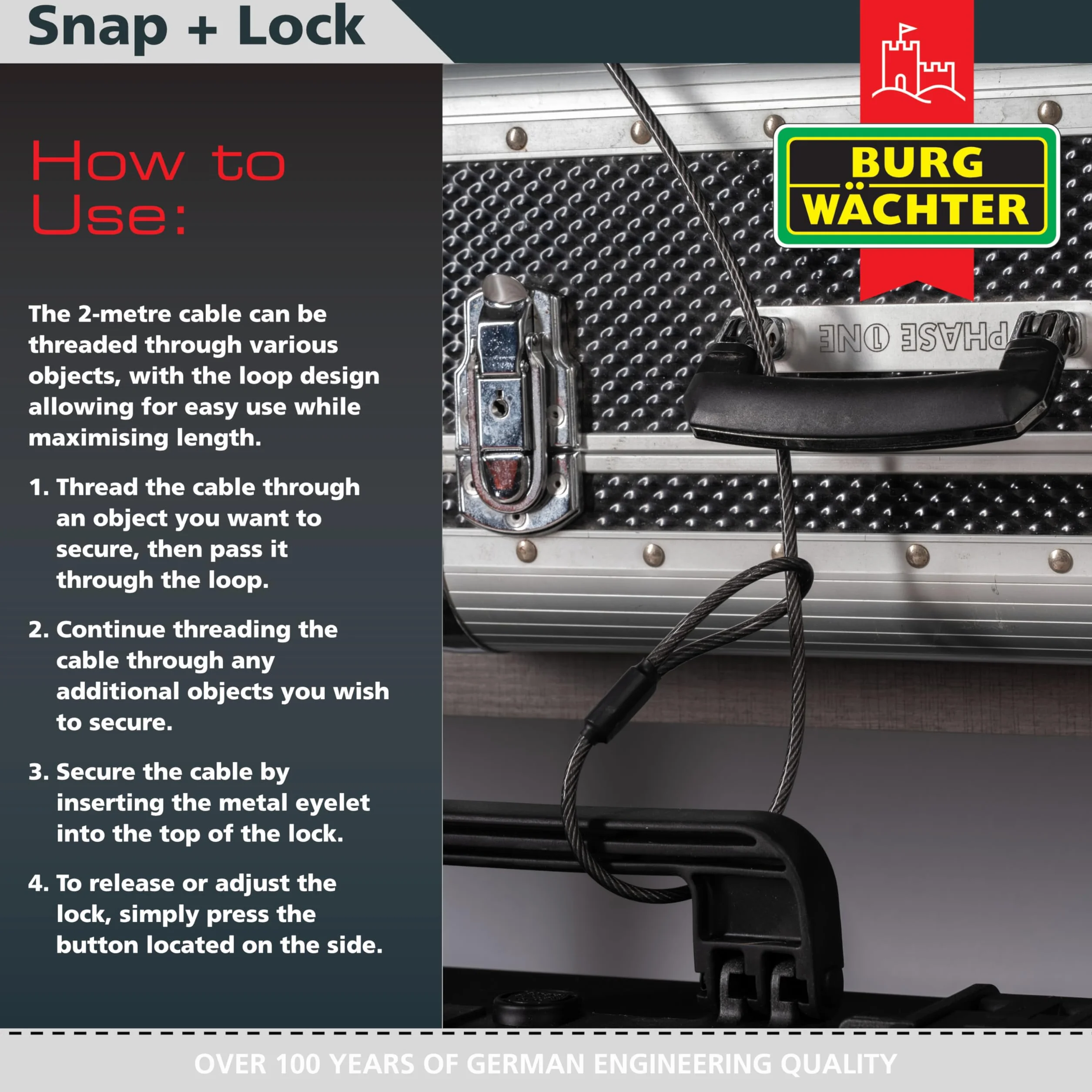 Burg-Wächter zapięcie kablowe z zamkiem szyfrowym, Snap+Lock, 2 metry, czarne