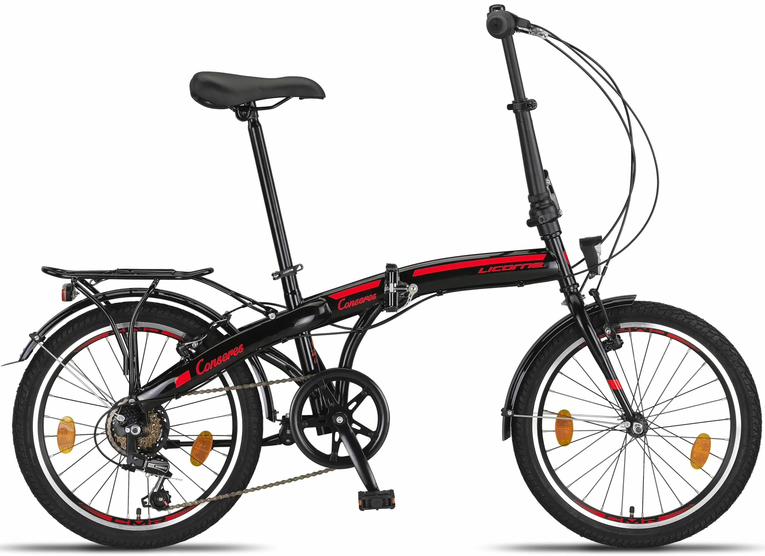 Licorne Bike CONSERES Składany rower premium, 50.8 cm, dla mężczyzn, chłopców, dziewcząt i kobiet, 6 biegów, holenderski, czarny/czerwony