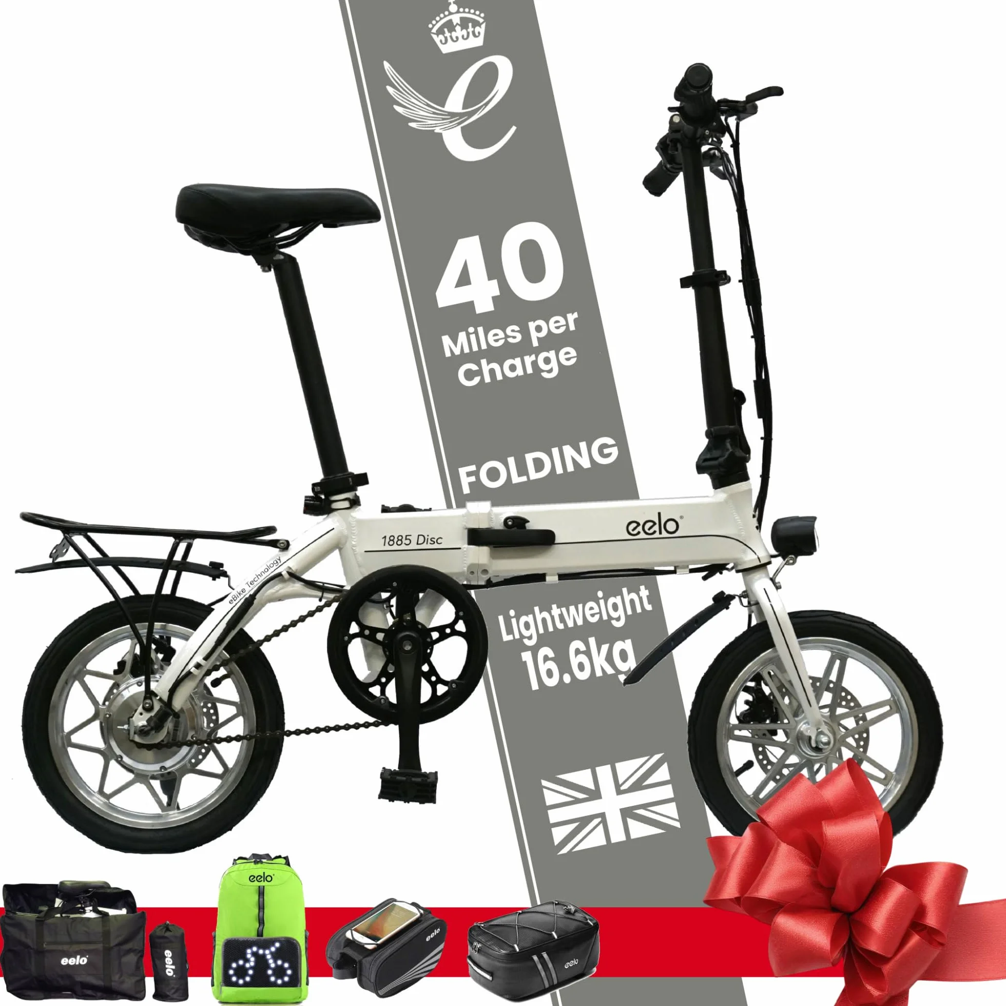 eelo 1885 Disc składany rower elektryczny – przenośny i łatwy do przechowywania – akumulator litowo-jonowy do krótkiego ładowania i cichy silnik eBike (biały 1885 Pro)