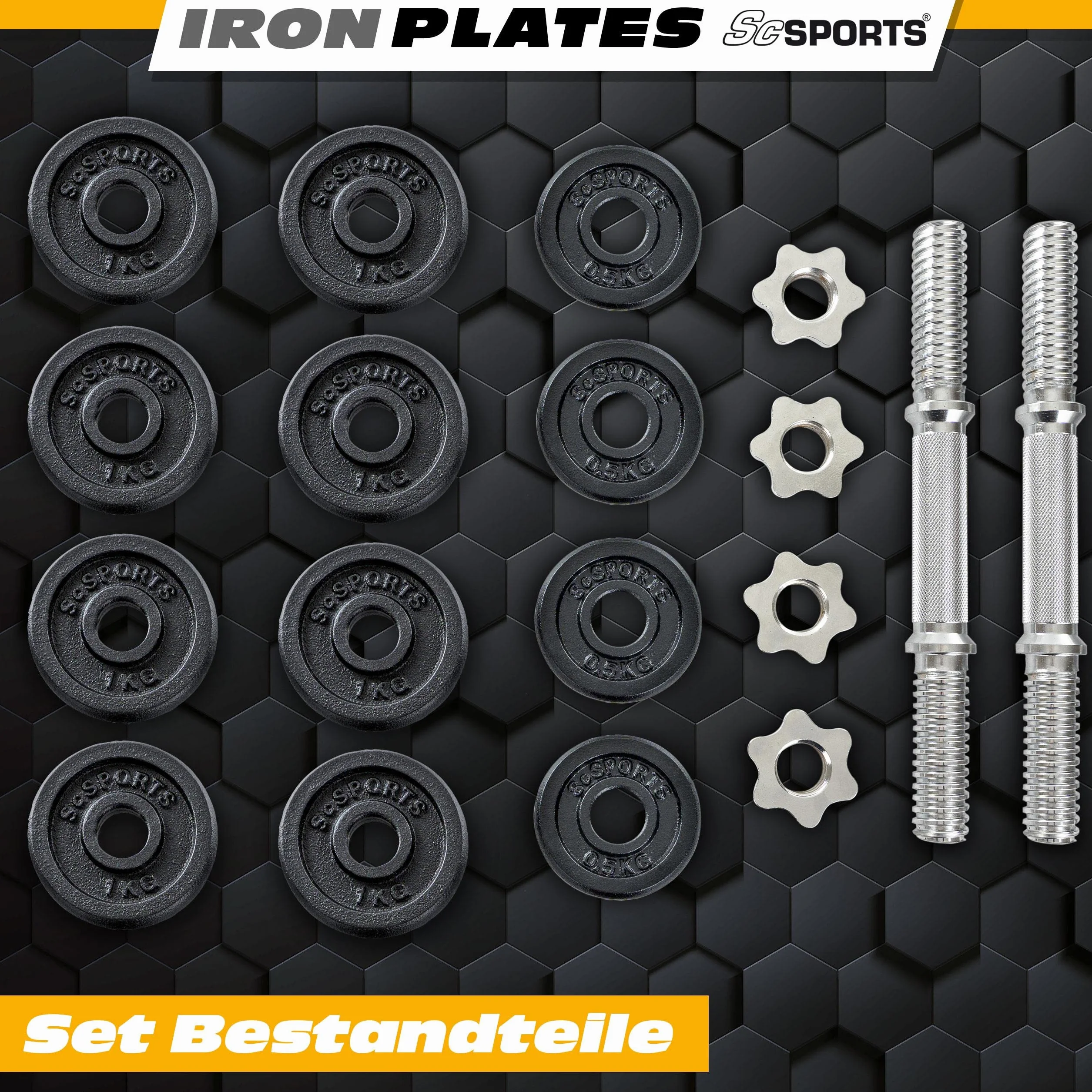 ScSPORTS® Zestaw krótkich hantli 10/15/20 kg, w zestawie talerze do sztangi, Ø 30/31 mm, żeliwo, zapięcia gwiazdowe, z walizką, z tworzywa sztucznego, czarny/srebrny – zestaw krótkich hantli, hantle