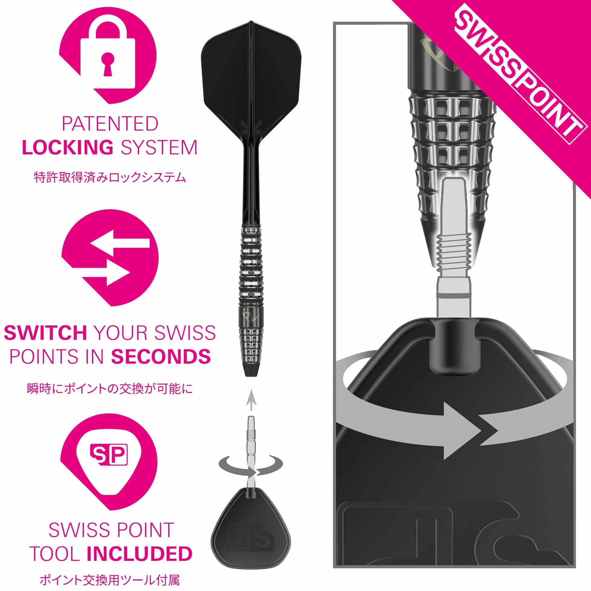 Target Japan Black Marque PW Zestaw rzutek ze stalowymi końcówkami K-Flex Swiss Point 90% wolframu, 23G | KFlex Dart Flight, Swiss Nano Points, czarno-srebrne stalowe końcówki rzutek