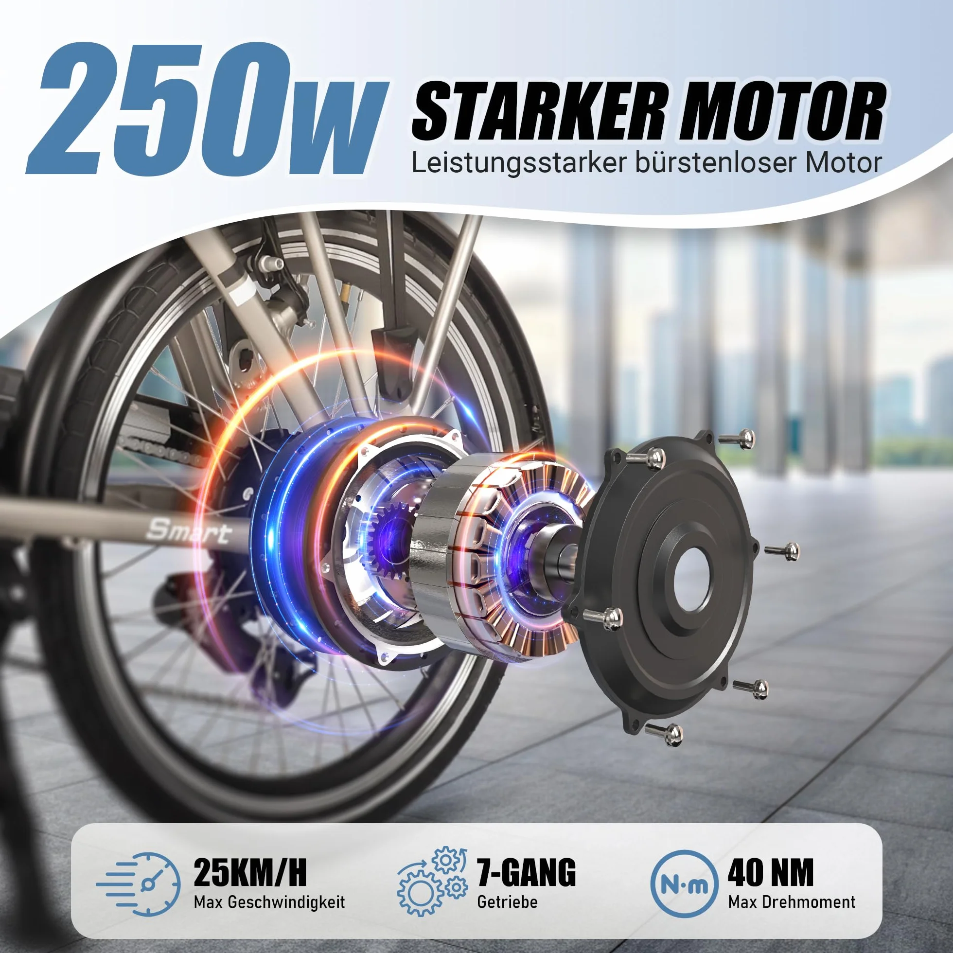 SPATIAL E Bike składany rower elektryczny 20 cali 40 NM 250 W 36 V 374,4 Wh 7-biegowa przerzutka LCD