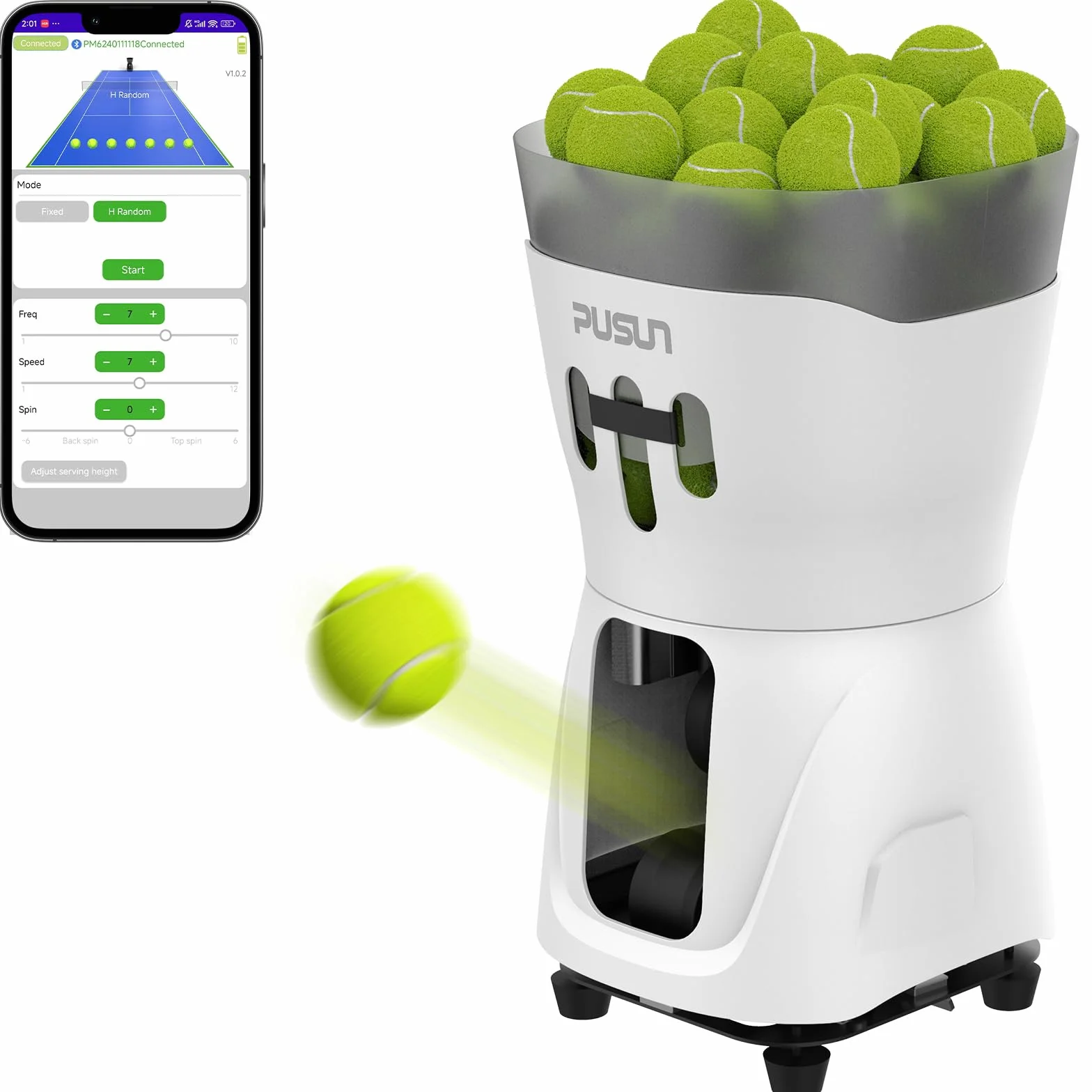 PT-Mini PRO sterowana aplikacją, przenośny automatyczny trener tenisowy dla początkujących, pojemność 65 piłek, żywotność baterii 3-5 h, sprzęt treningowy o zmiennej prędkości, do użytku wewnątrz i na