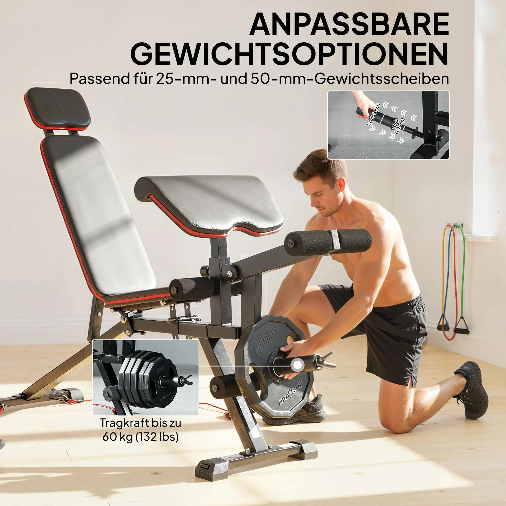 SPORTNOW Ławka do podnoszenia ciężarów, regulowana do 300 kg, 3 w 1, ławka treningowa z rolkami, prostownica do nóg, długi zagłówek, skośna ławka z taśmami oporowymi, ławka do fitnessu, do domu, na