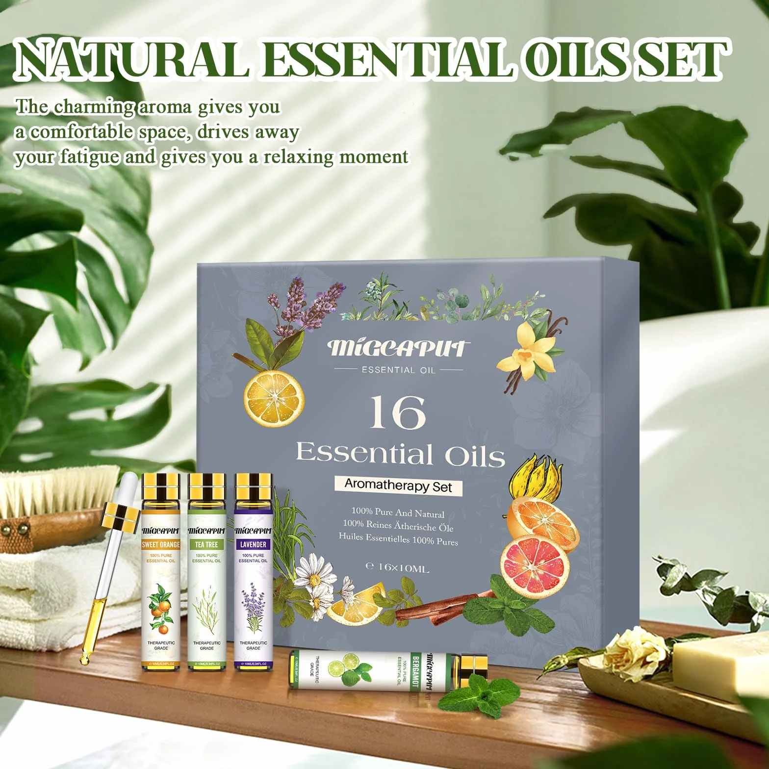 MIGCAPUT Zestaw Olejków Eterycznych 16 x 10ML, 100% Naturalne Olejki Zapachowe do Dyfuzory, Aromaterapii, Masaż, SPA, Kąpieli - Lawenda, Mięta, Drzewo Herbaciane, Eukaliptus, Kadzidłowca, Cynamon