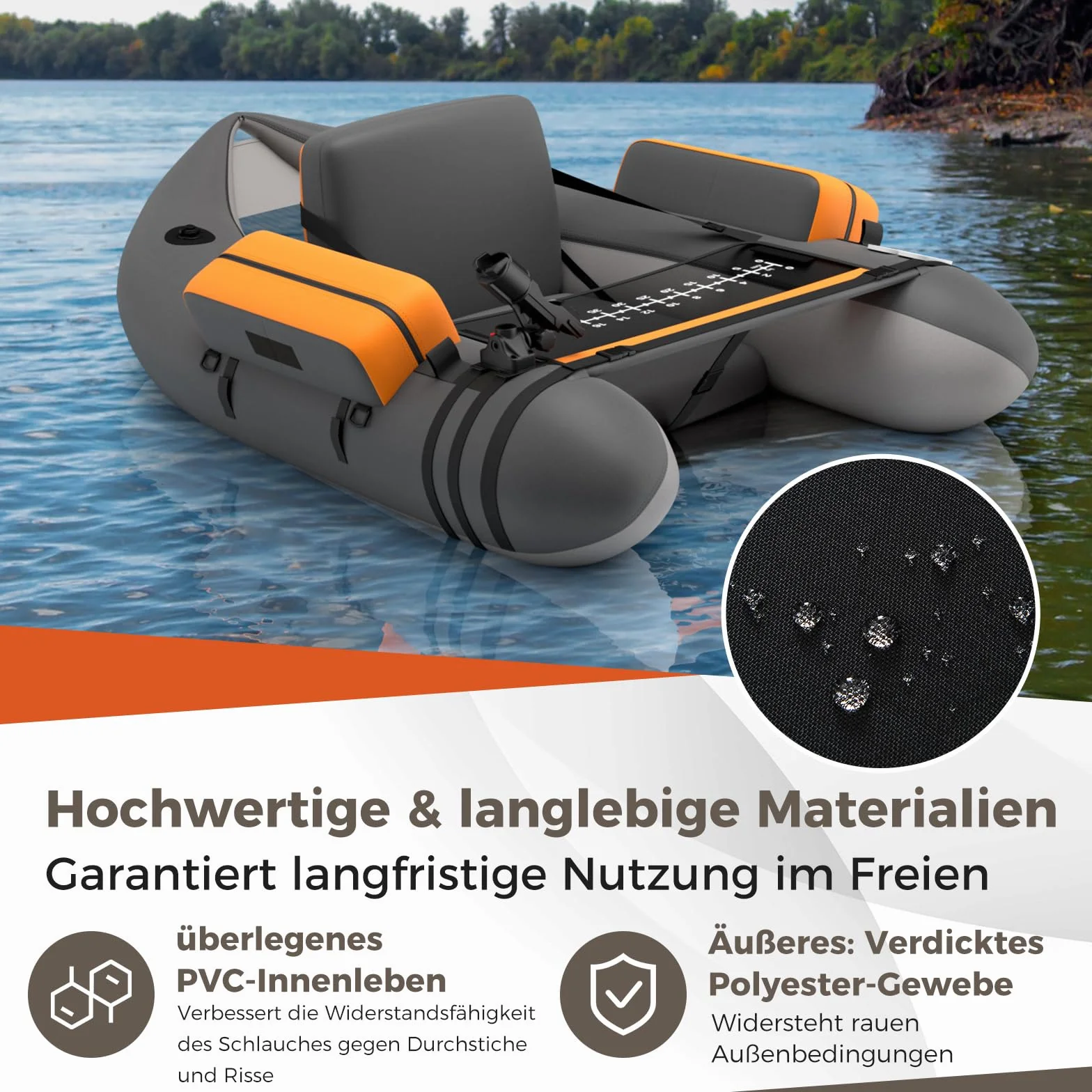 GOPLUS Bellyboot, Belly Boat do 150 kg, nadmuchiwany ponton do wędkowania, z aluminiowym wiosłem, pompką, płetwami, linijką do ryb, uchwytem na wędkę i 2 szelkami, 135 x 109 x 54 cm (ciemnoszary)