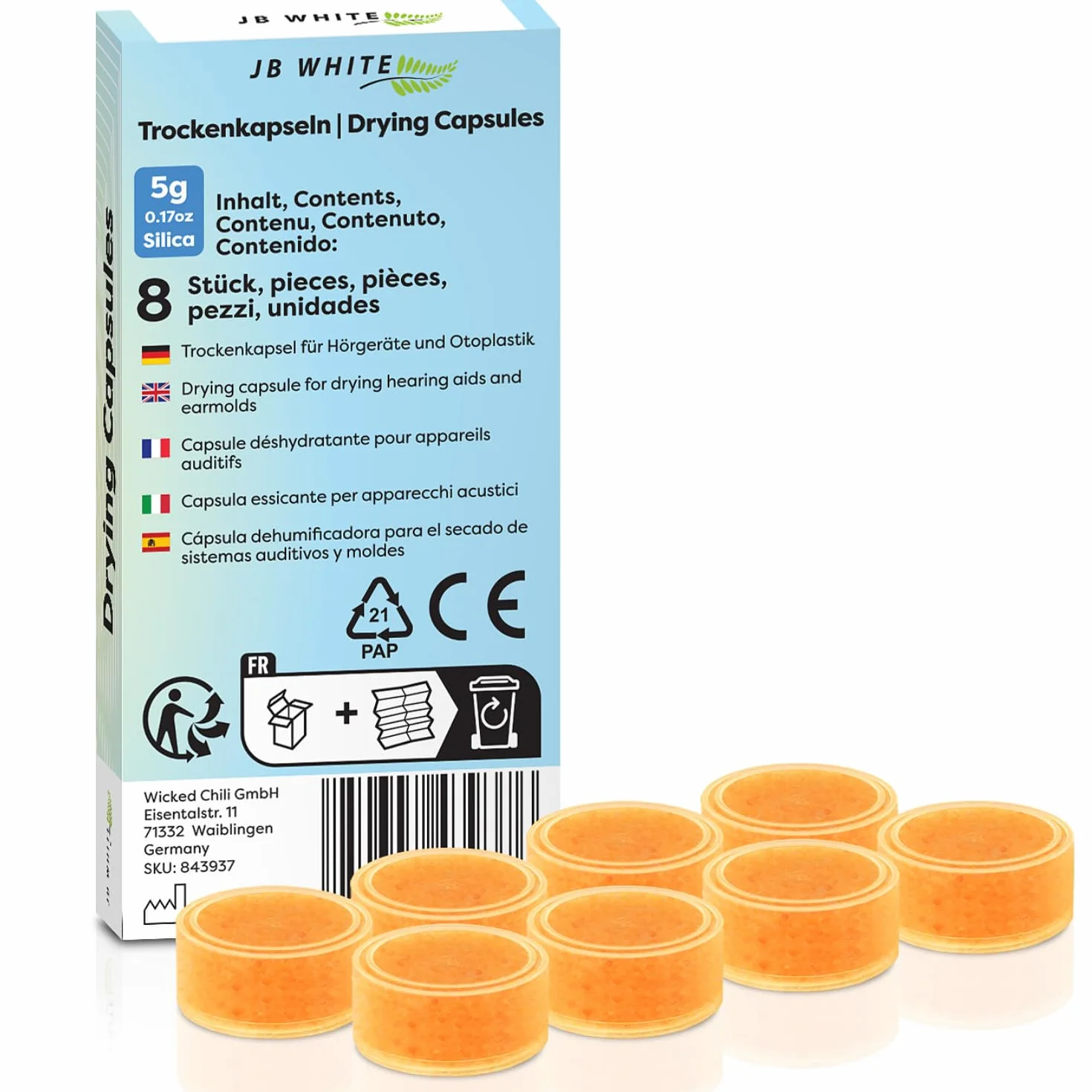 JB White 24 kapsułek osuszających do aparatów słuchowych, uniwersalne kapsułki osuszające z żelem krzemionkowym z kolorowym wskaźnikiem (20% więcej zawartości, 5 g, pakowane pojedynczo)