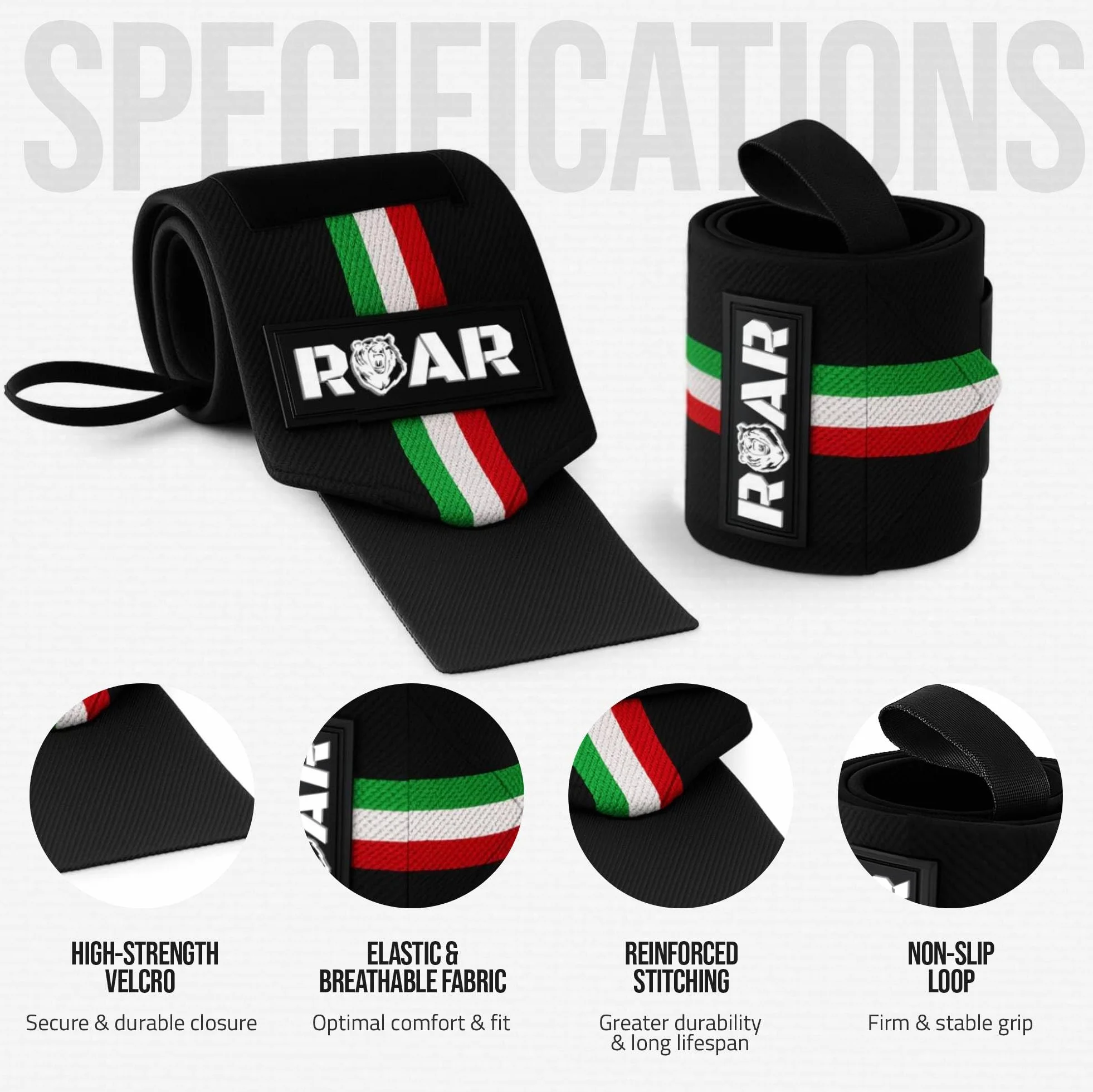 Roar® Bandaże na nadgarstek, do fitnessu, podparcia nadgarstka, kulturystyki, sportów siłowych i crossfitu (Włochy)