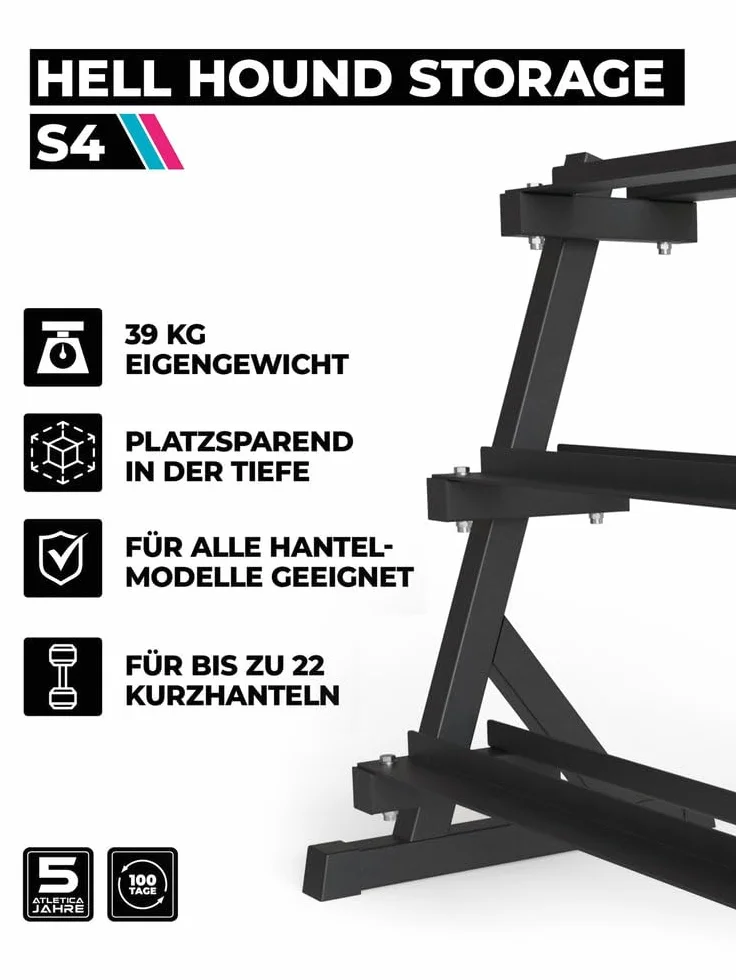ATLETICA HellHound półka na krótkie hantle | Storage Rack | stabilna konstrukcja na maks. 22 krótkie hantle | dostosowane do dużych ciężarów | mała głębokość