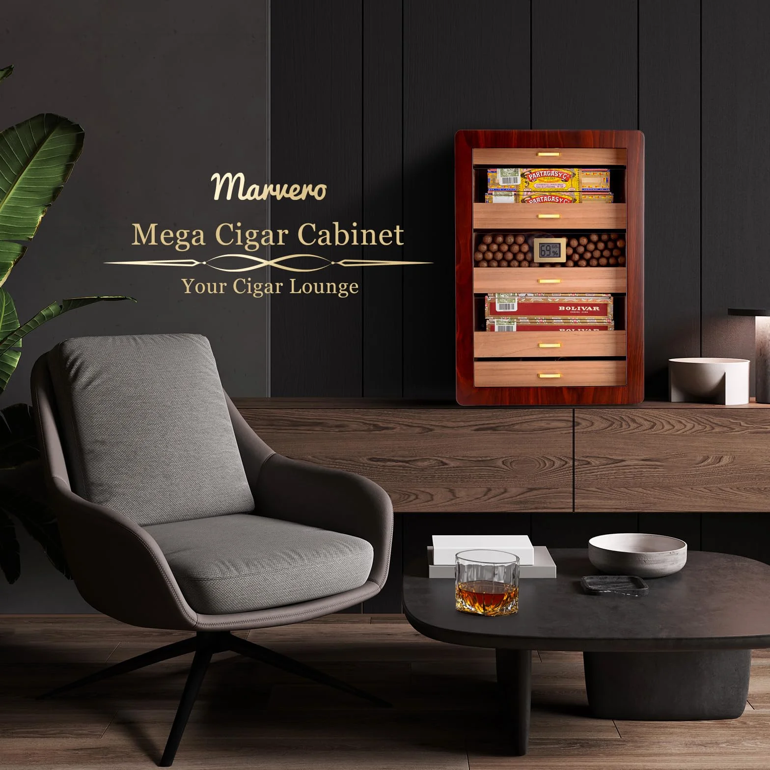 Humidor na cygara Marvero ręcznie robiona skrzynka na cygara, humidor na cygara, skrzynka z cedrowego drewna na 300 cygar z dokładnym higrometrem, nawilżacz do humidoru. Prezenty dla miłośników cygar.