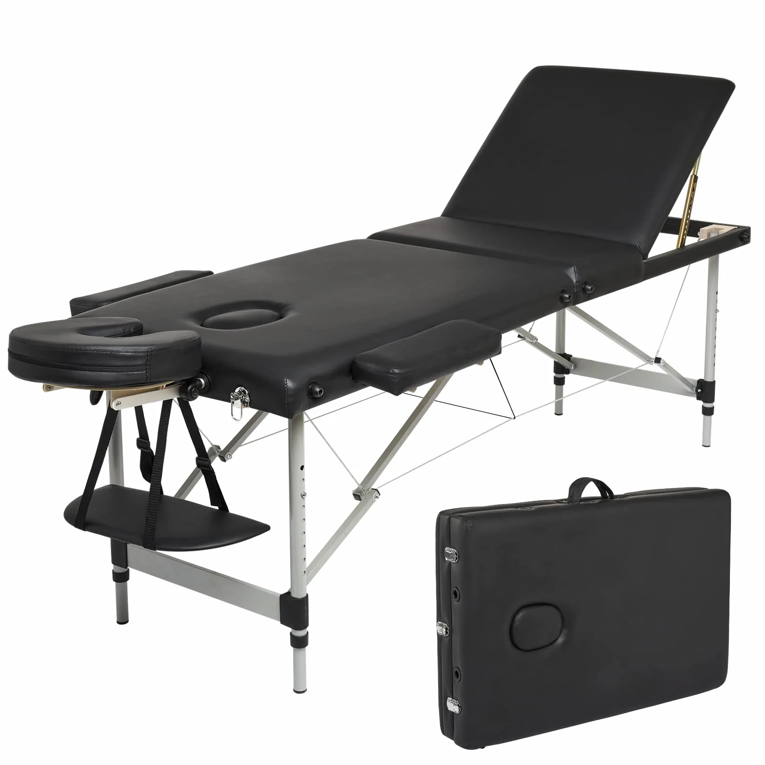 Meerveil Stół do masażu, przenośne składane łóżko terapeutyczne, lekkie, 3/2 strefy z regulacją wysokości, z torbą do przenoszenia, aluminiowe nóżki (czarny)