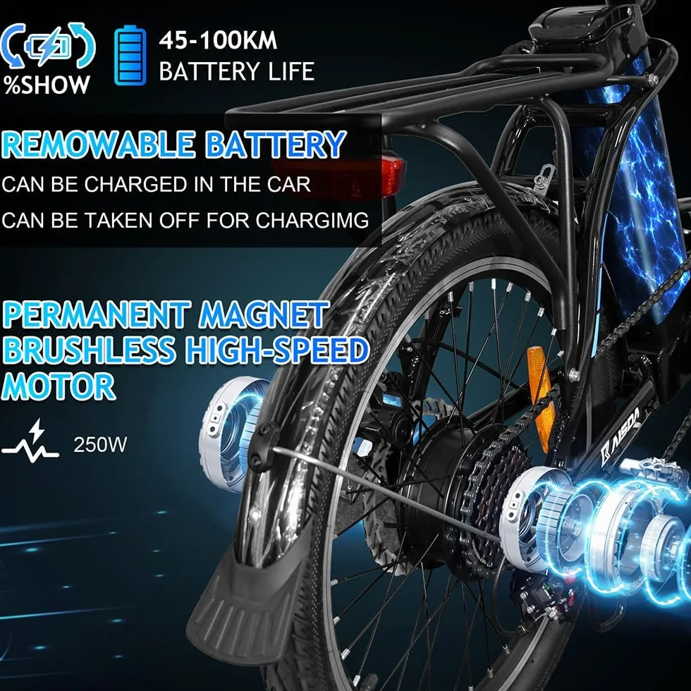 K7 Rower Elektryczny Składany 20", E-Citybike dla dorosłych Akumulator 36 V, 13 Ah, Lekki Rower Elektryczny dla Seniorów i Dziewcząt, z Aplikacją, 7-Biegowa Przerzutka, Długi Zasięg do 75 km