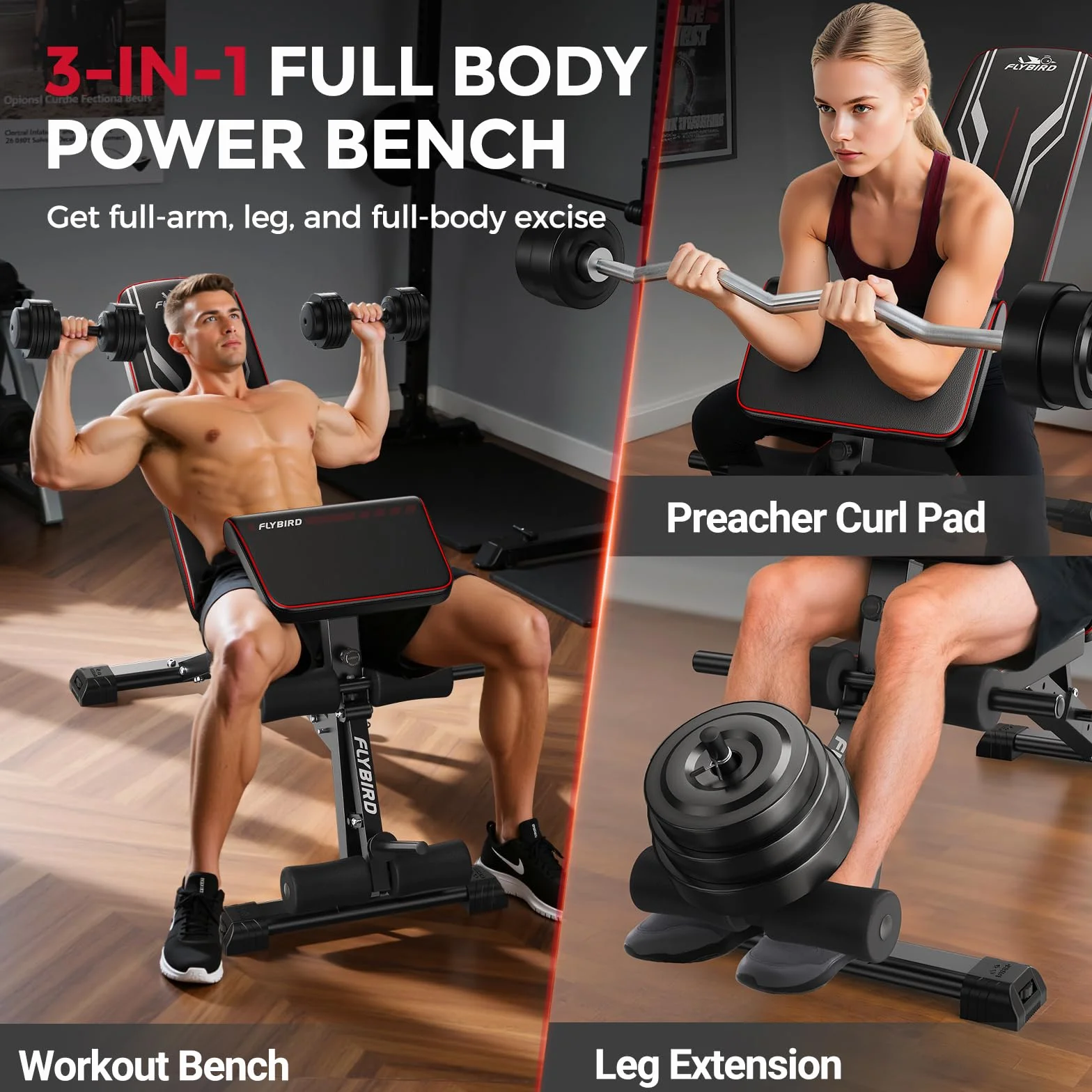 FLYBIRD Wielofunkcyjna ławka treningowa regulowana składana z przedłużeniem nóg, podkładką Preacher Curl, nośność 360 kg