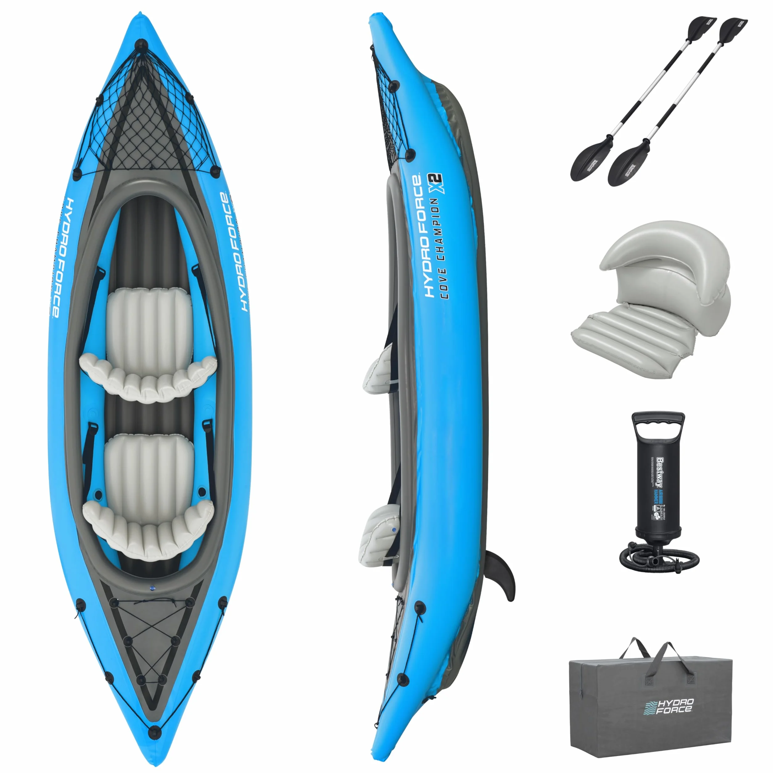 Bestway Hydro-Force Cove Champion X2 Kajak, zestaw nadmuchiwanych łodzi z pompką ręczną, wiosłami, siedzeniami, płetwami i torbą do przechowywania, dwuosobowy