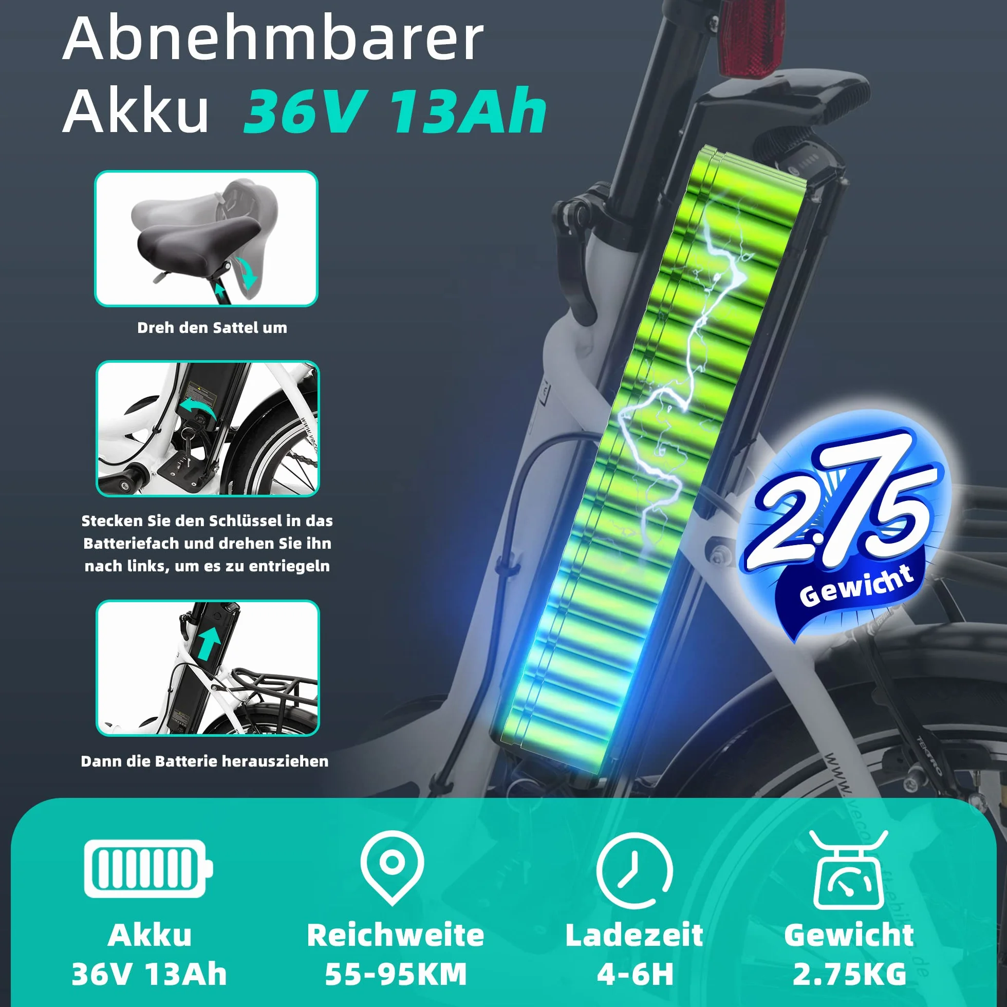 VecoCraft E-Pax e-Bike damski rower składany 20 cali, z wyjmowanym akumulatorem 36 V, 13 Ah, zasięg do 55-95 km, silnik tylny 250 W, Shimano 7-biegowy rower elektryczny
