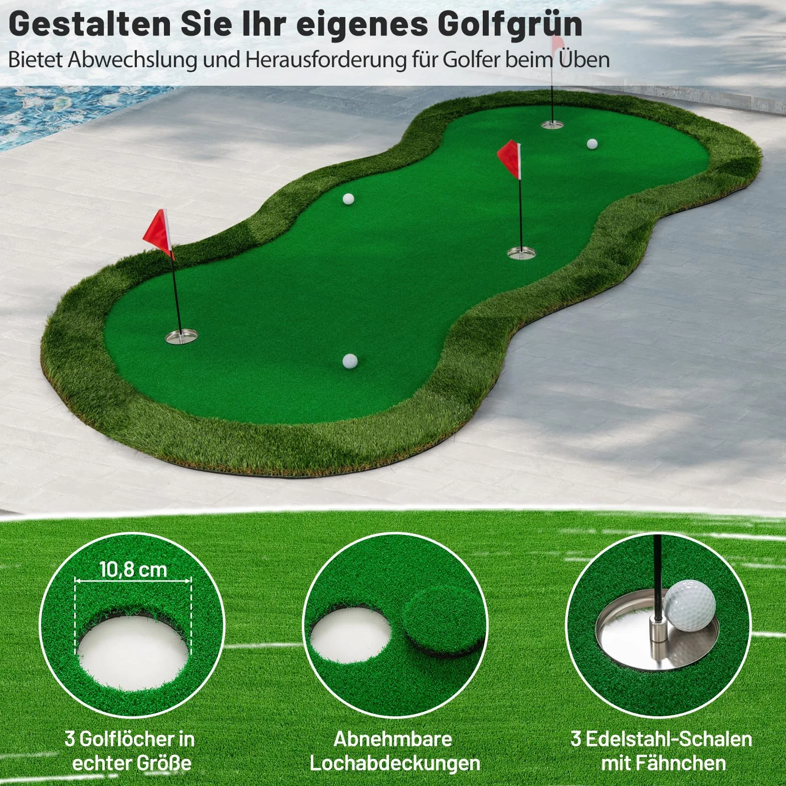 COSTWAY mata do ćwiczeń golfowych 300x150 cm 3 otwory z piłkami