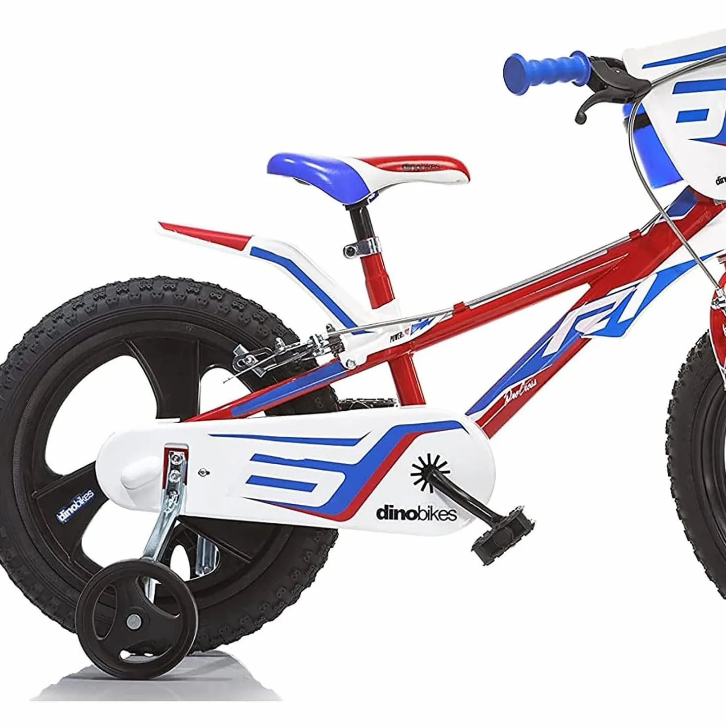 Dino Bikes Rower dziecięcy dla chłopców 14 cali z hamulcami na kierownicy, koła podporowe, czerwony, niebieski, biały