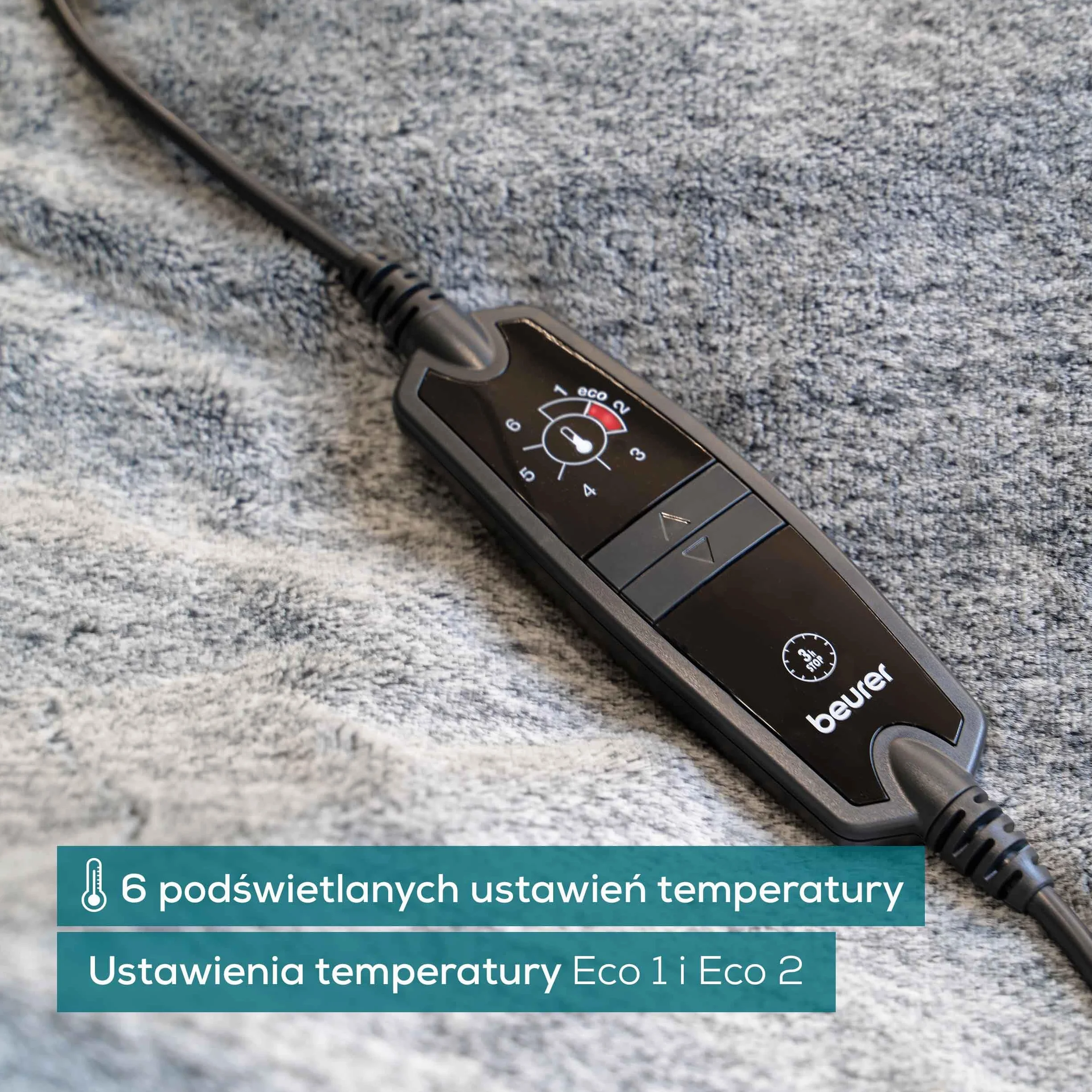 Beurer HD 75 Nordic Grey koc rozgrzewający, wykonany z materiału pochodzącego z recyklingu, 6 ustawień temperatury, można prać w pralce, z automatycznym wyłączaniem, 180 x 130 cm