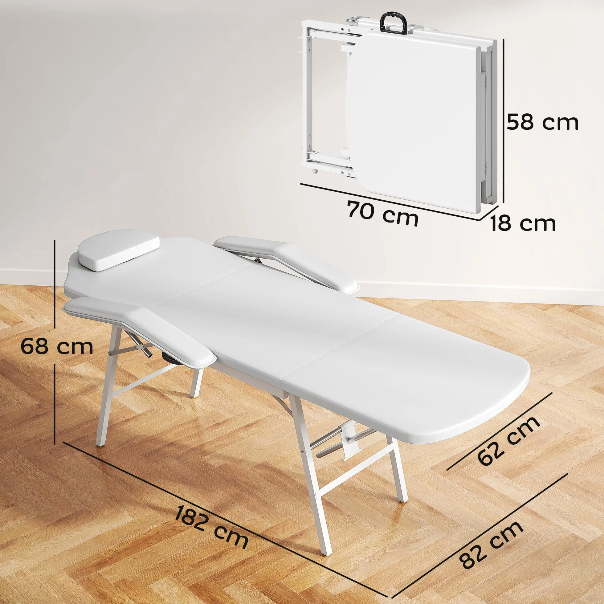 HOMCOM Portable Massage Table, 3 Section Adjustable Beauty Bed, Foldable Massage Bed with Headrest, Padded Armrests for Spa, Lash, Tattoo, White