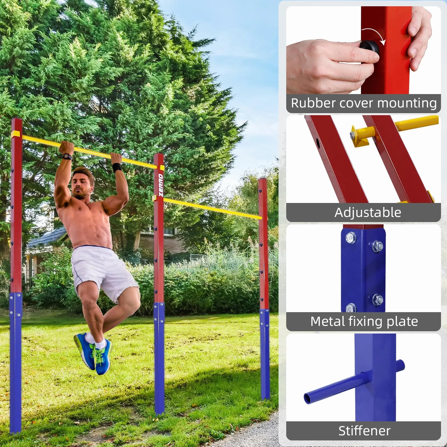 CCLIFE Zewnętrzny drążek gimnastyczny, maksymalne obciążenie 150 kg, podwójny drążek gimnastyczny do ogrodu, drążek wspinaczkowy z regulacją wysokości do użytku na zewnątrz czerwono-niebieski