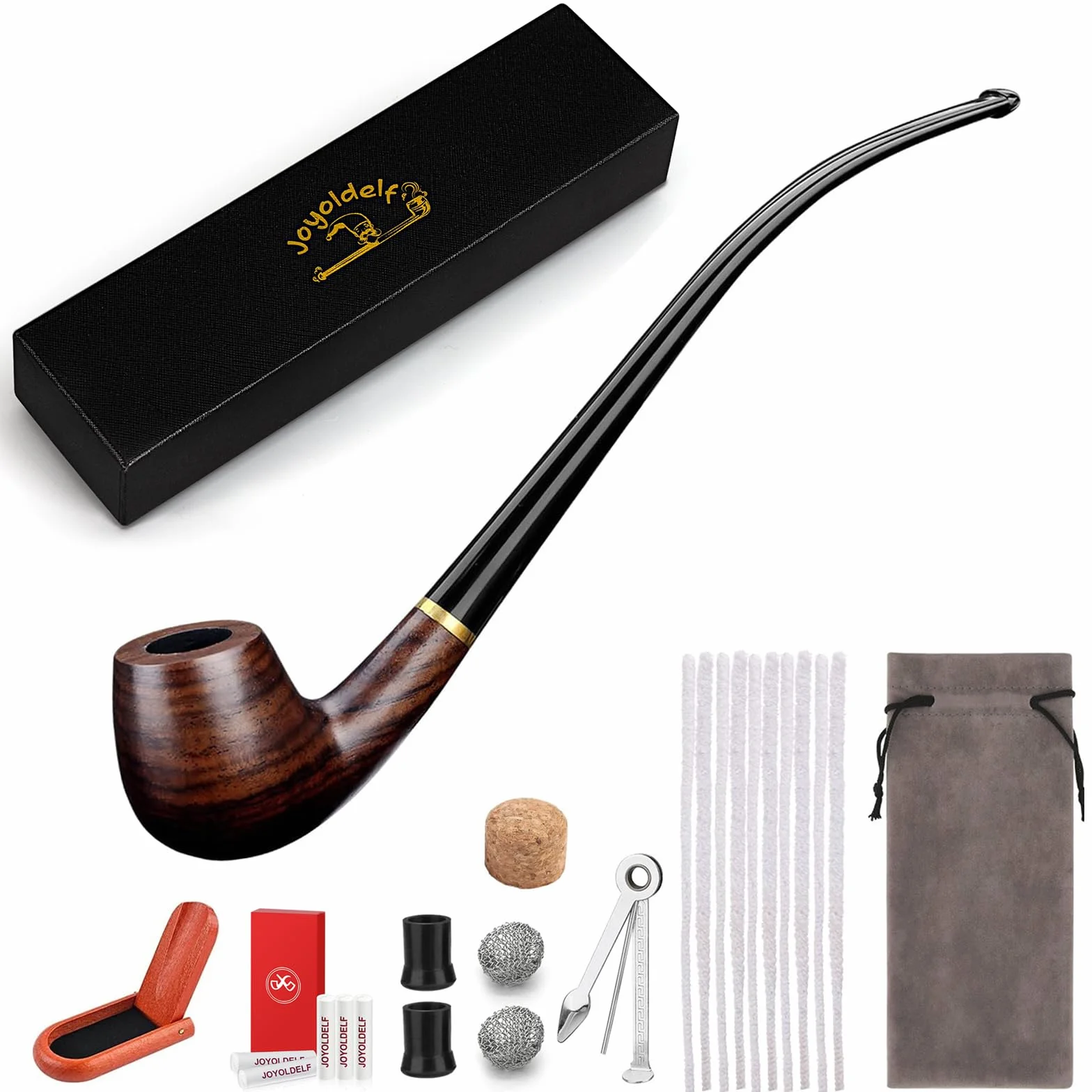 Joyoldelf Churchwarden fajka tytoniowa, ręcznie wykonana, hebanowa fajka, idealny zestaw fajek dla początkujących z najlepszym przewodnikiem dla początkujących, zestaw upominkowy i akcesoria