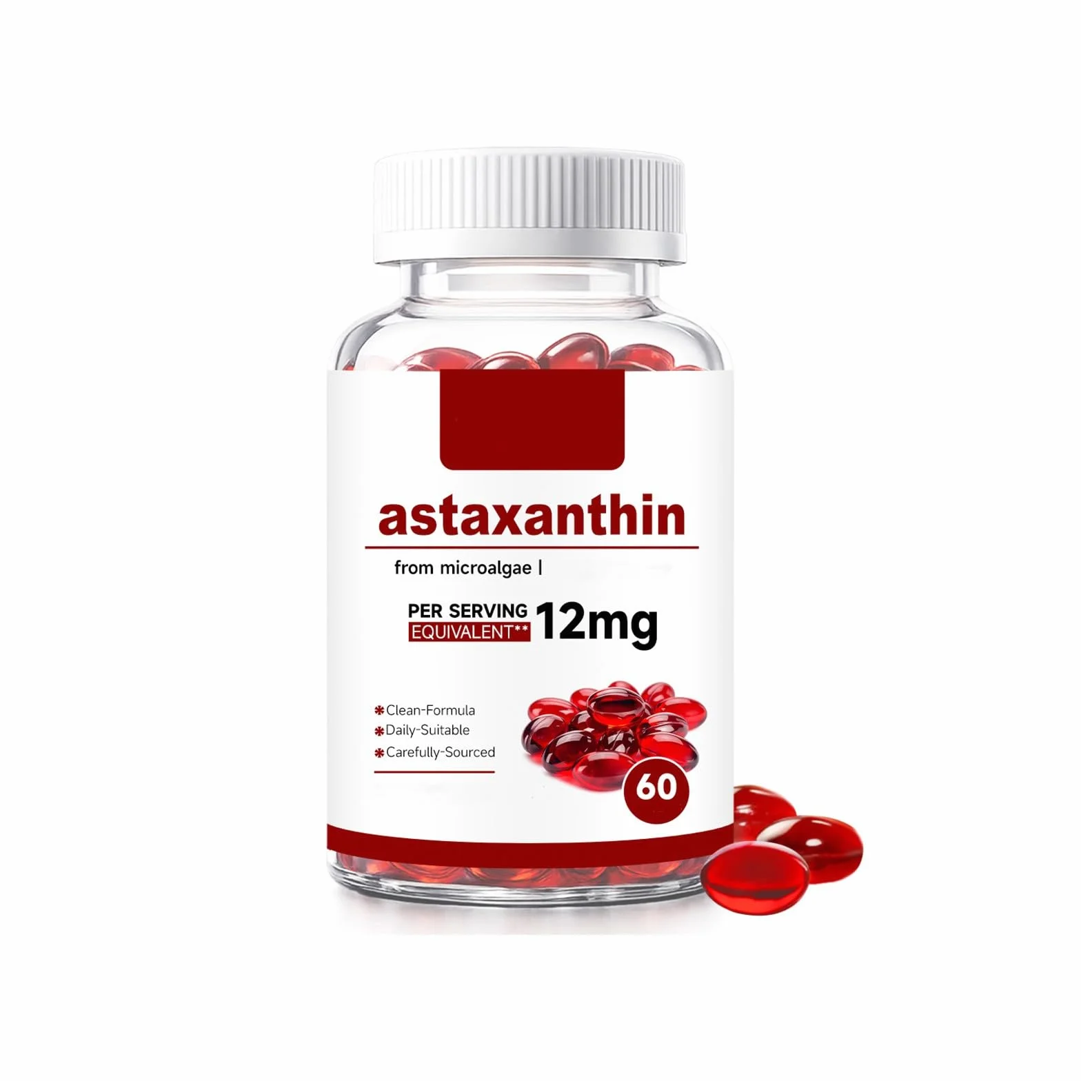 Premium Astaksantyna 12 mg|z mikroalg| Wspomagacze stawów, oczu i skóry, bez GMO (60 szt.),1Pcs