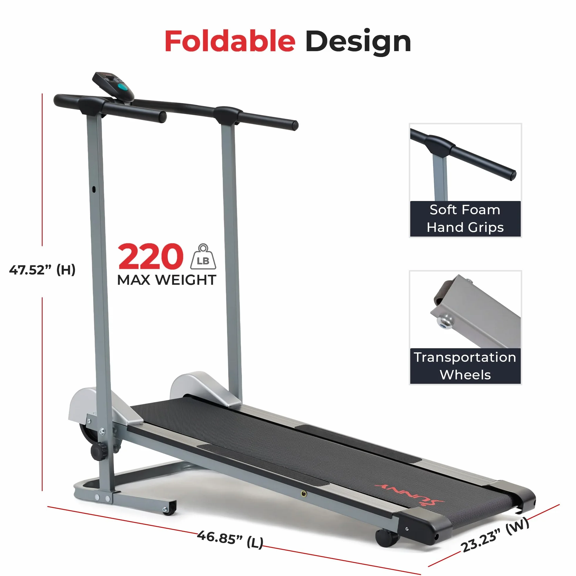 Sunny Health & Fitness SF-T1407M Foldable Treadmill Manual Compact Walking Running Machine Cardio Home Exercise