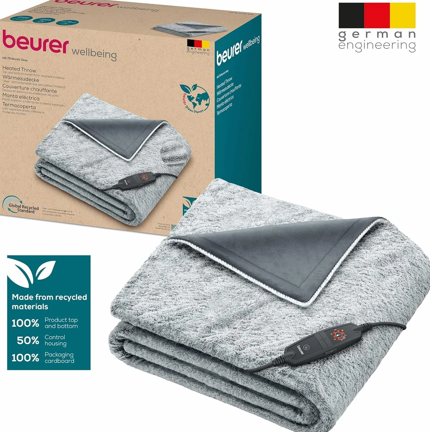 Beurer HD 75 Nordic Grey koc rozgrzewający, wykonany z materiału pochodzącego z recyklingu, 6 ustawień temperatury, można prać w pralce, z automatycznym wyłączaniem, 180 x 130 cm