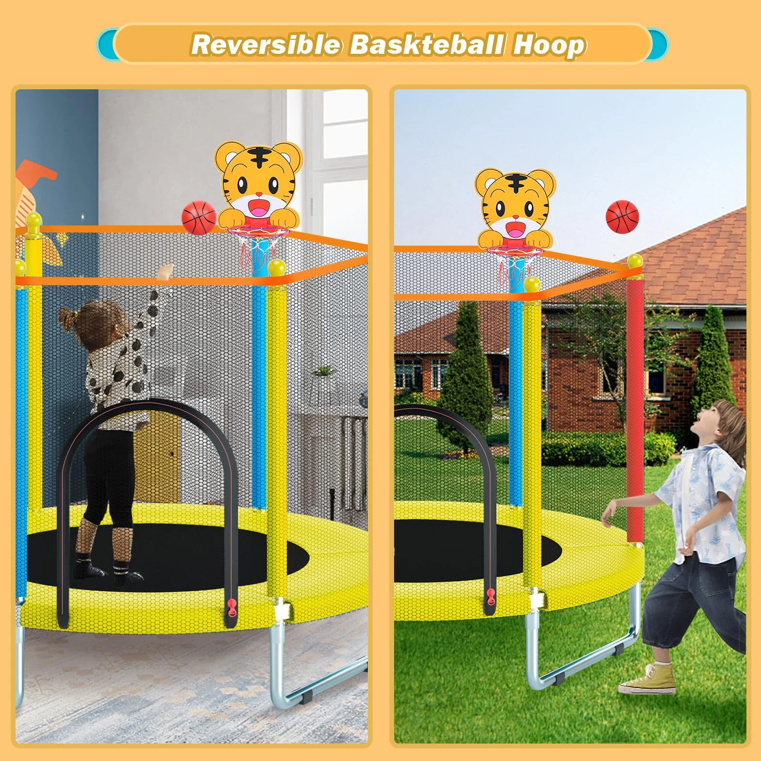 Trampolina dziecięca 150 cm, do użytku wewnątrz i na zewnątrz, z siatką zabezpieczającą, mini trampolina dla dzieci łącznie z koszem do koszykówki, wytrzymała mata do skakania, dla chłopców i