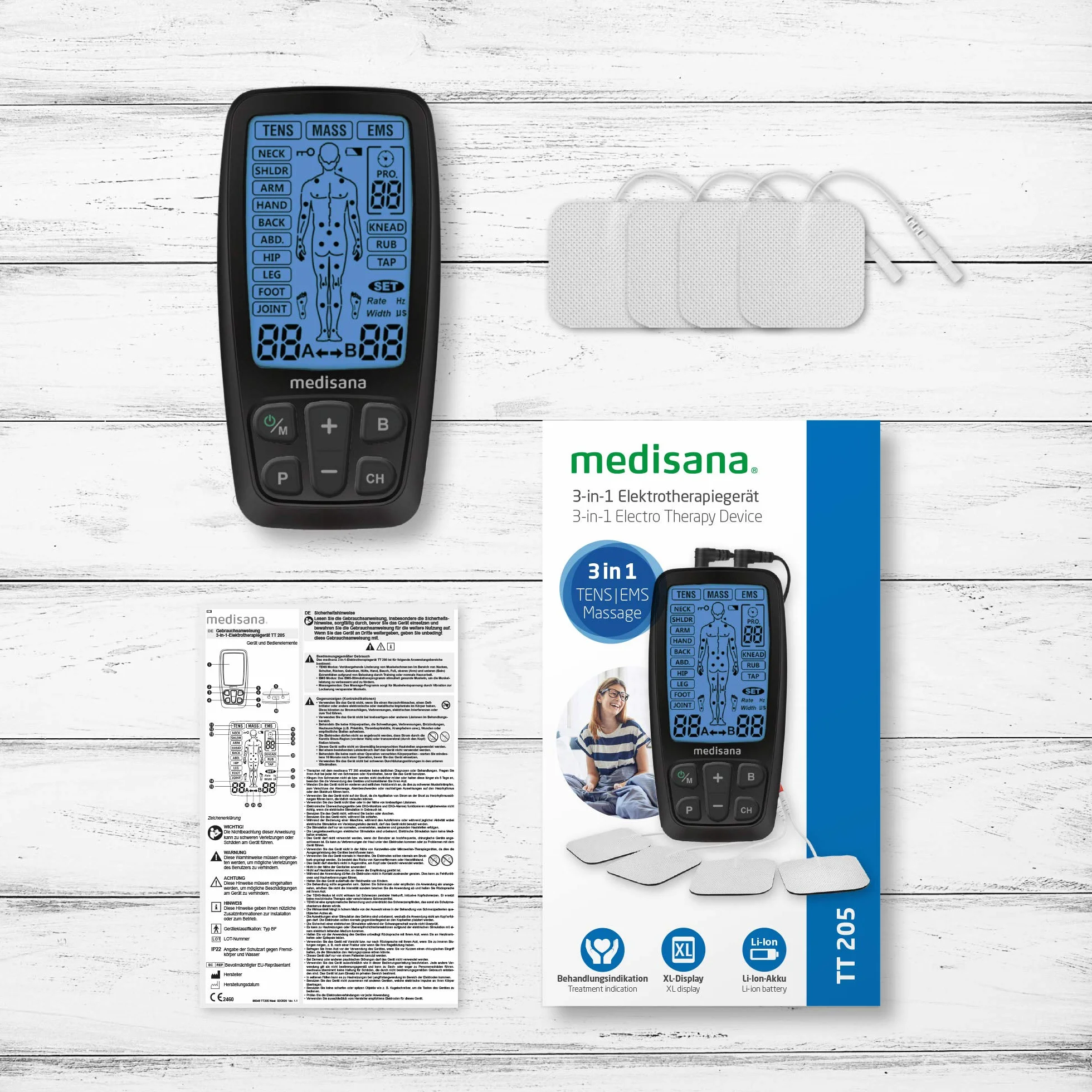 Medisana TT 205 TENS, aparat do stymulacji prądem EMS z 60 programami, aparat do elektroterapii rozluźniający mięśnie i uśmierzający ból pleców, szyi, ramion, brzucha, bioder z 4 elektrodami