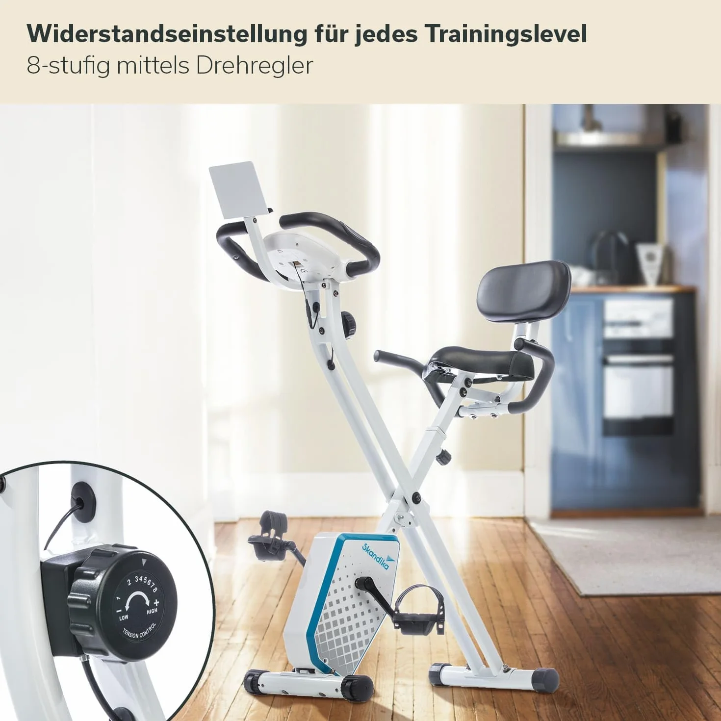 skandika Foldaway X-1000 PLUS rower treningowy X-Bike z czujnikami pulsu ręcznego, komputer, uchwyt na tablet, oparcie