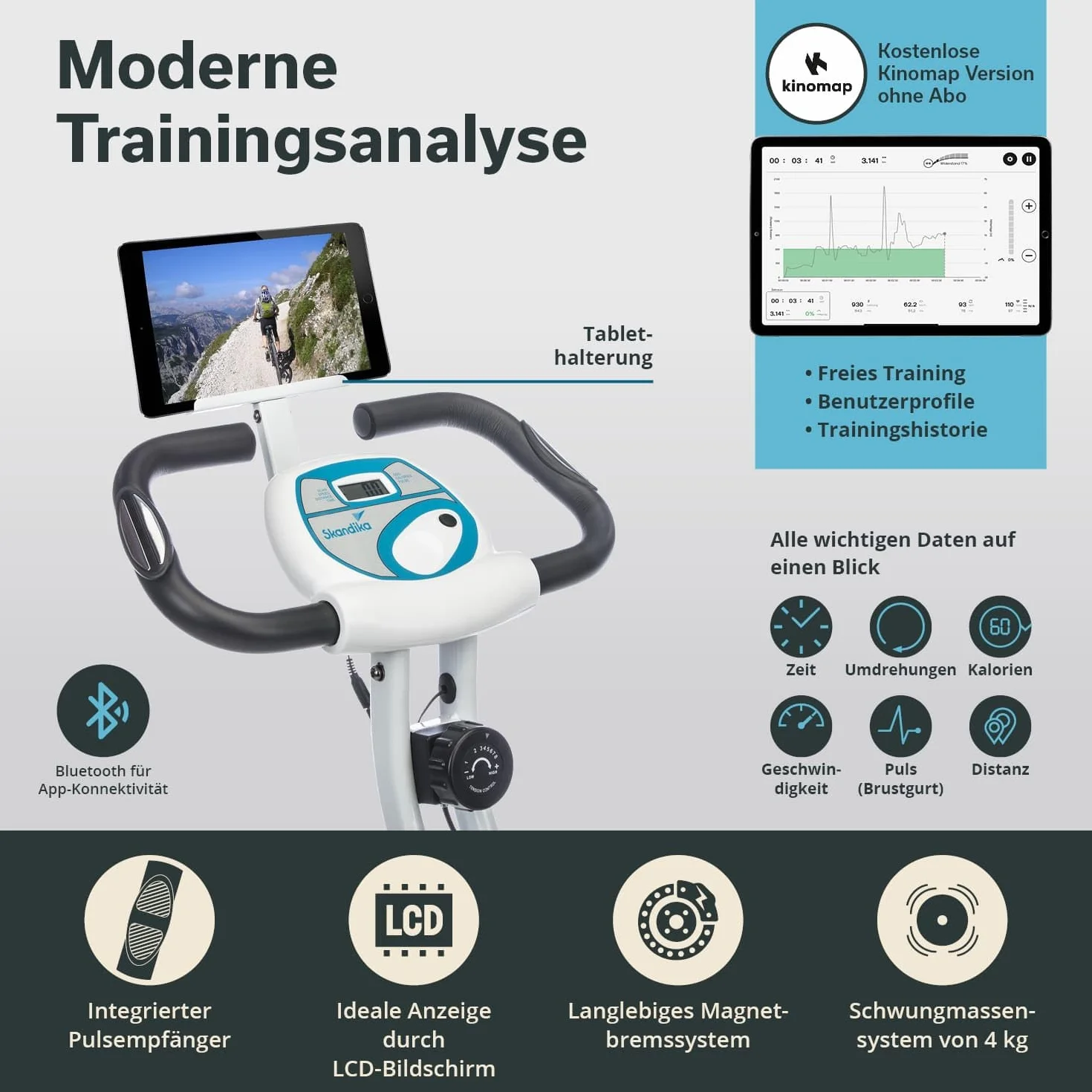 skandika Foldaway X-1000 PLUS rower treningowy X-Bike z czujnikami pulsu ręcznego, komputer, uchwyt na tablet, oparcie