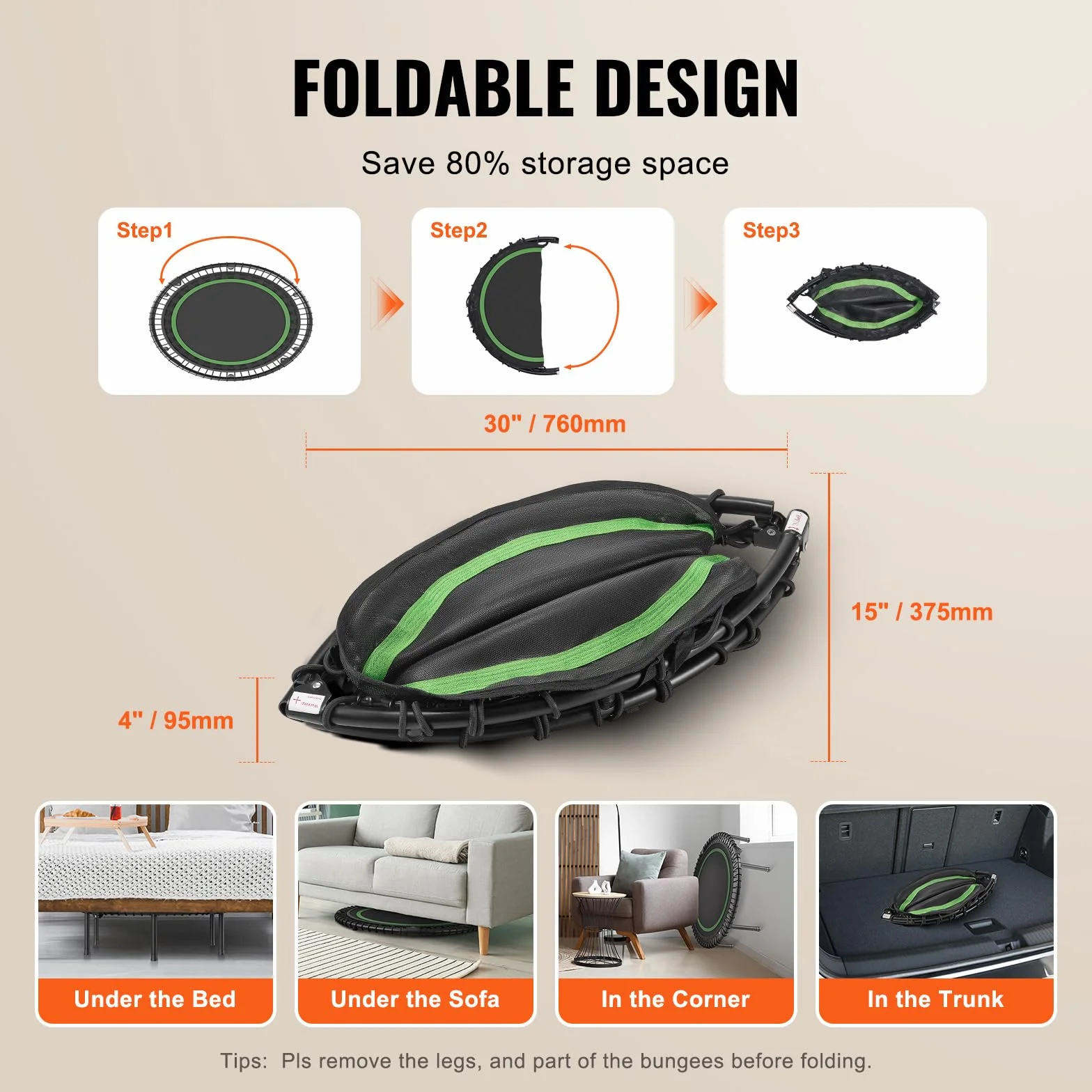 VEVOR Mini składana trampolina fitness 1027 mm do ćwiczeń 150 kg stabilna do treningu w pomieszczeniach lub w ogrodzie