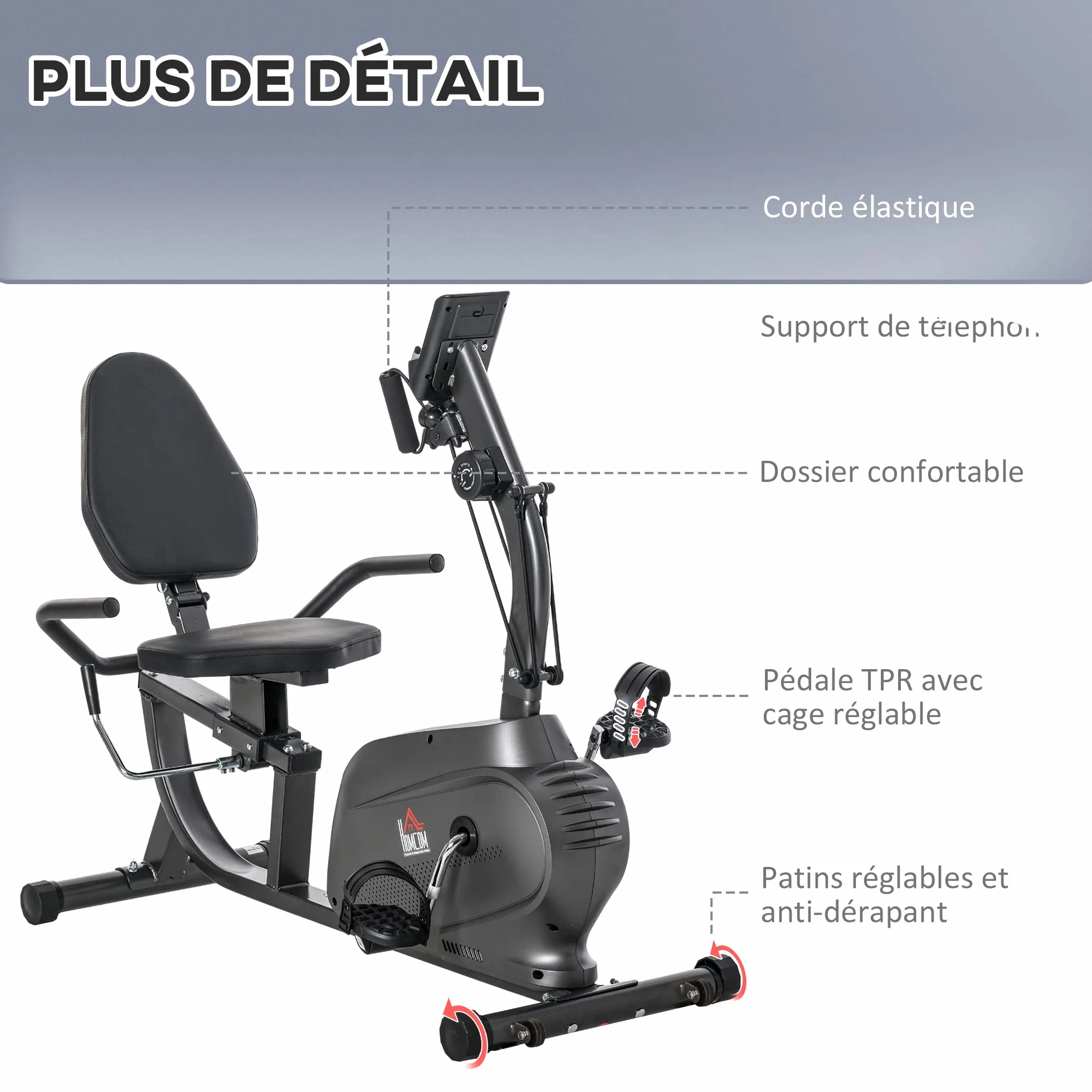 HOMCOM Rower treningowy magnetyczny półwydłużony wyświetlacz LCD regulowane siodełko stal czarna