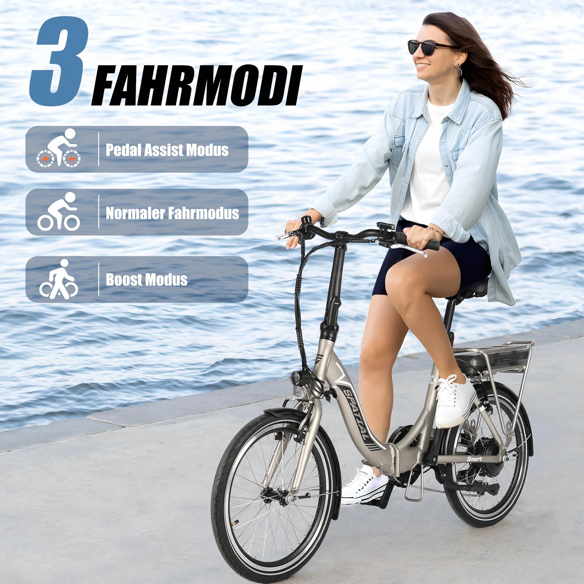 SPATIAL E Bike składany rower elektryczny 20 cali 40 NM 250 W 36 V 374,4 Wh 7-biegowa przerzutka LCD