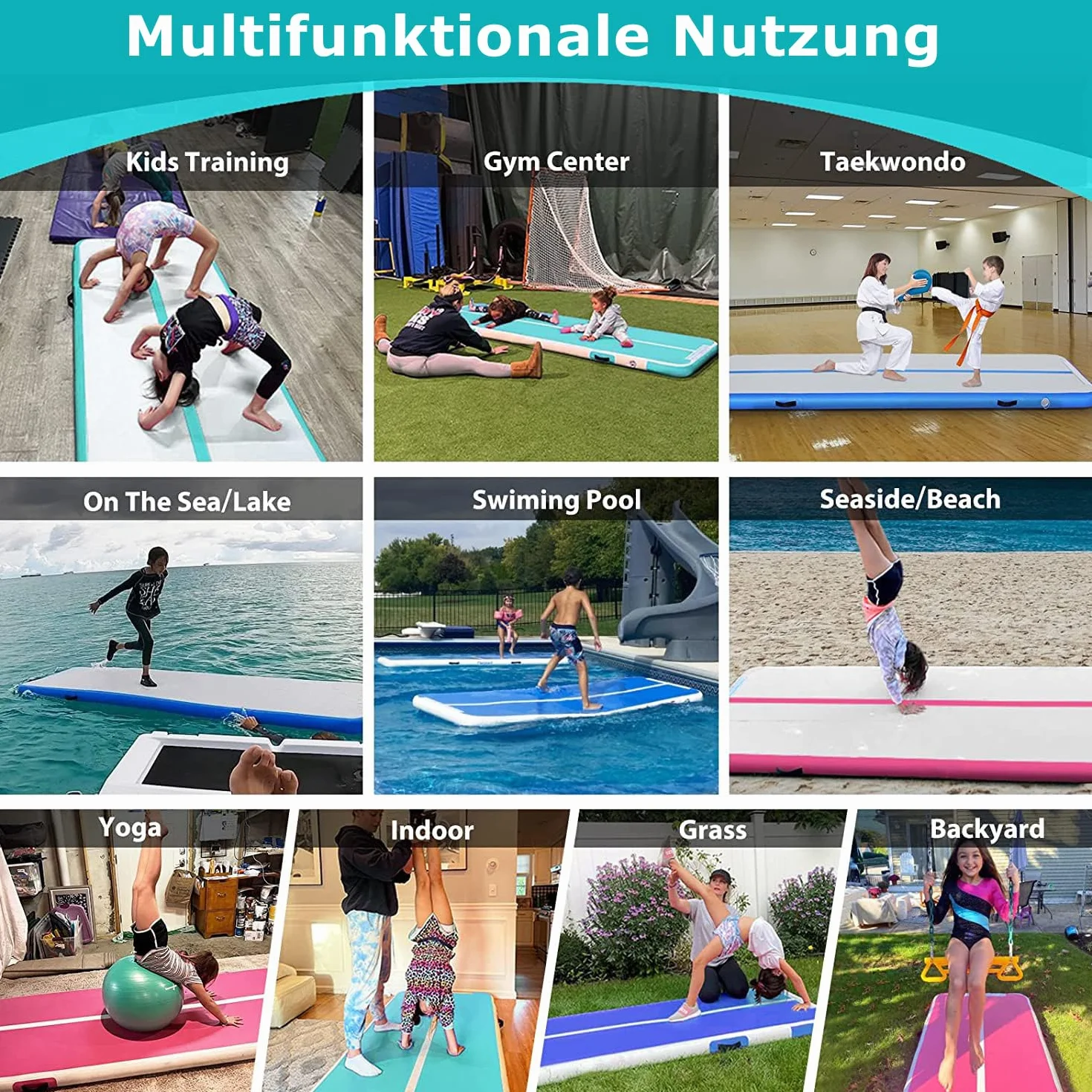 Air Turn Track mata gimnastyczna, 2 m, 3 m, 4 m, 5 m, 10/20 cm, grubość, nadmuchiwana, antypoślizgowa, do domu, na trening, jogę, aktywności na świeżym powietrzu, fitness (zielona, 2 m, 15 m)