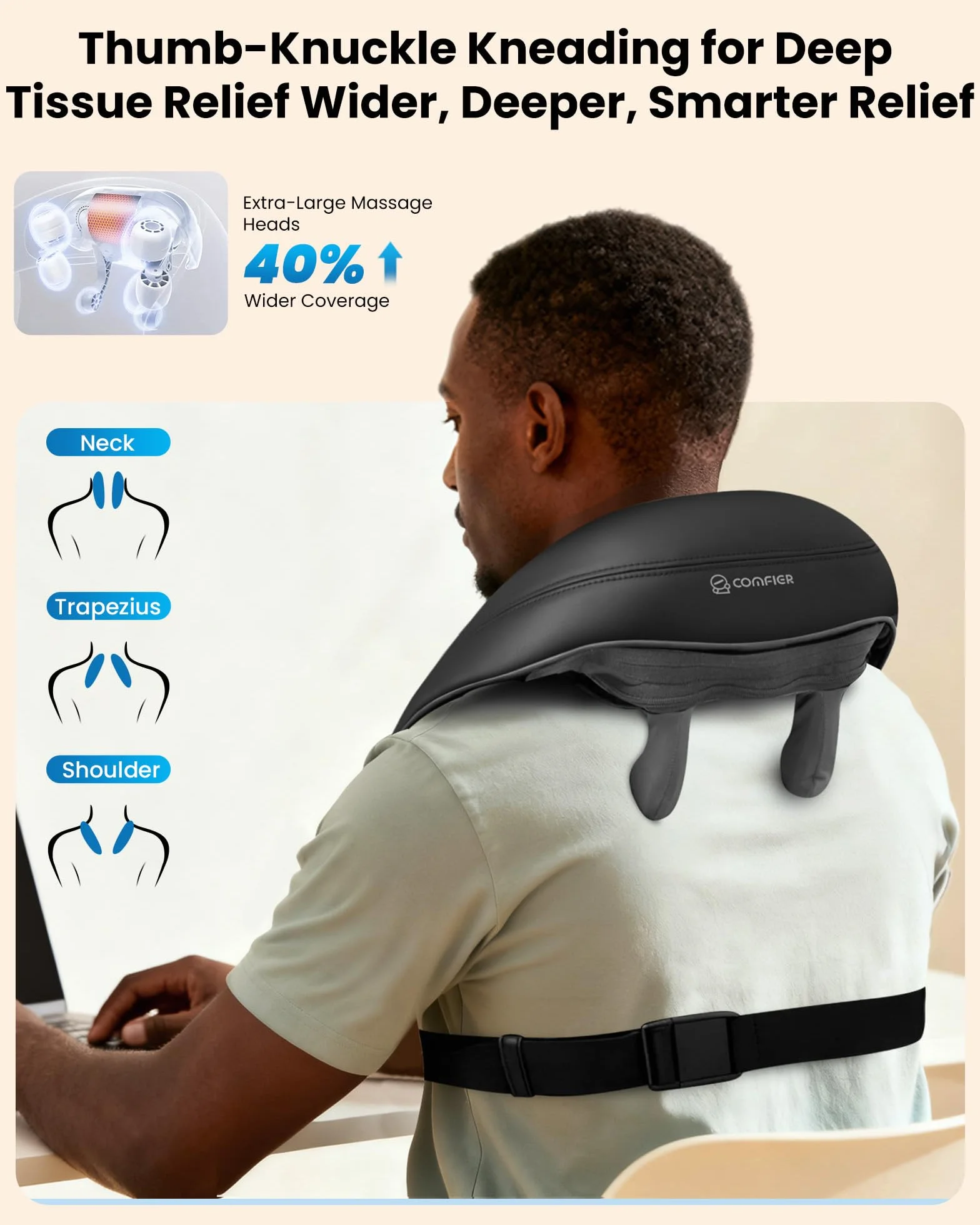 COMFIER Masażer karku z ciepłem, bezprzewodowy masażer Shiatsu 4D dla ekspertów w zakresie karku, pleców, nóg, ramion, shiatsu do domu, biura, jako prezent dla mężczyzn i kobiet